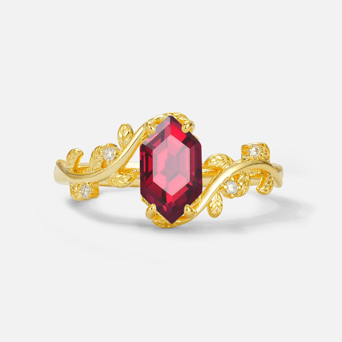 Elongated Hexagon Ruby Leaf Vine Nature-Inspired Engagement Ring - Additional view