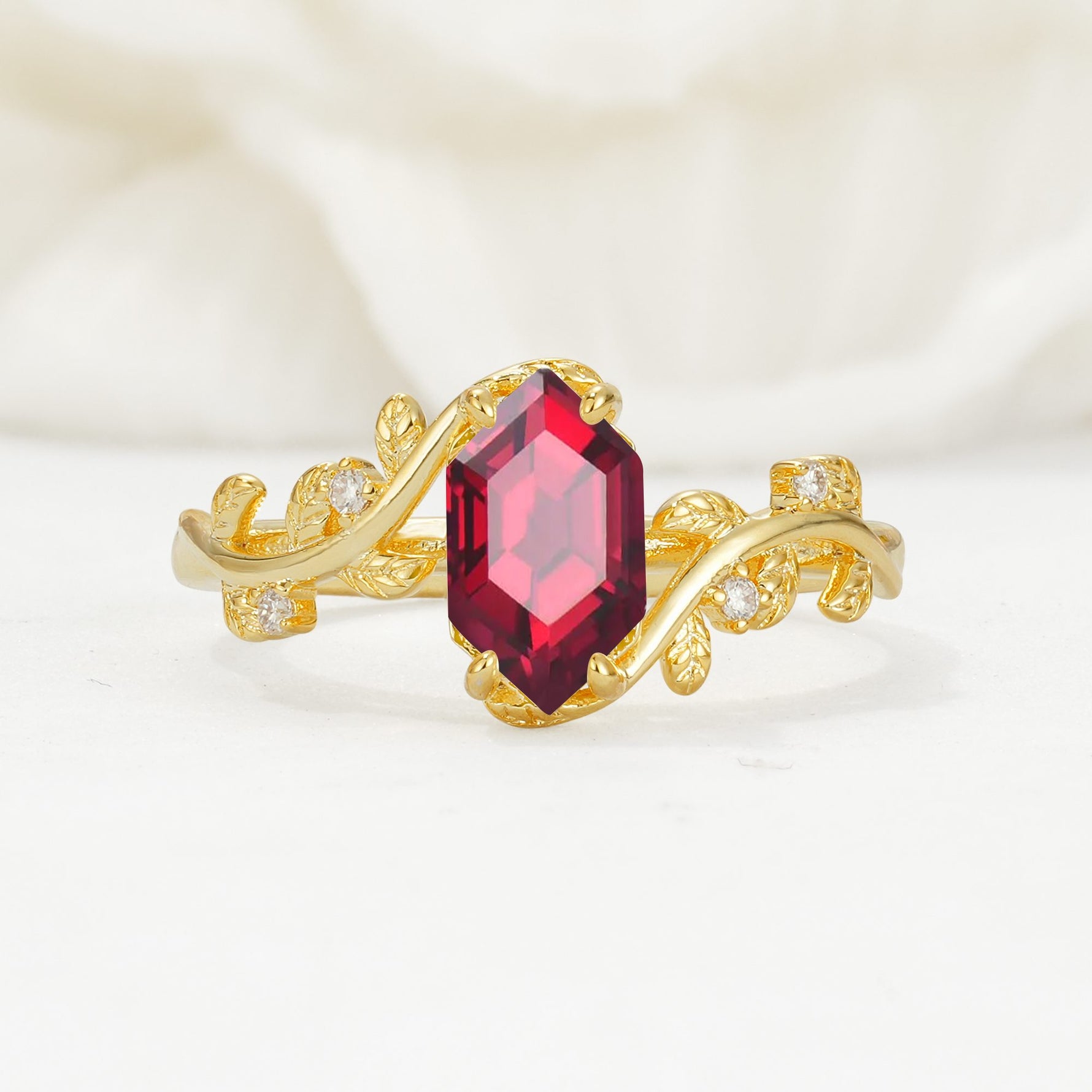 Elongated Hexagon Ruby Leaf Vine Nature-Inspired Engagement Ring - Additional view