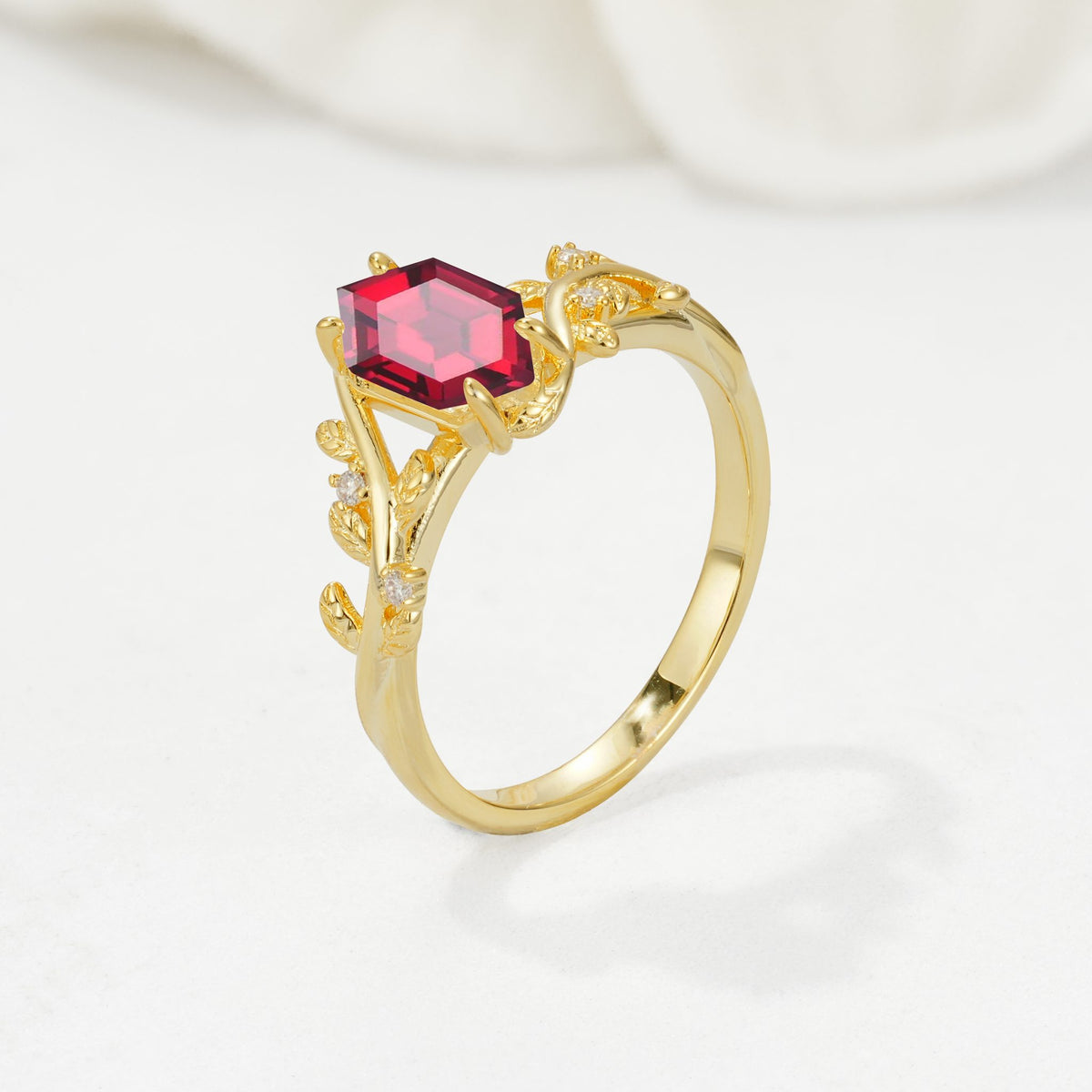 Elongated Hexagon Ruby Leaf Vine Nature-Inspired Engagement Ring - Additional view