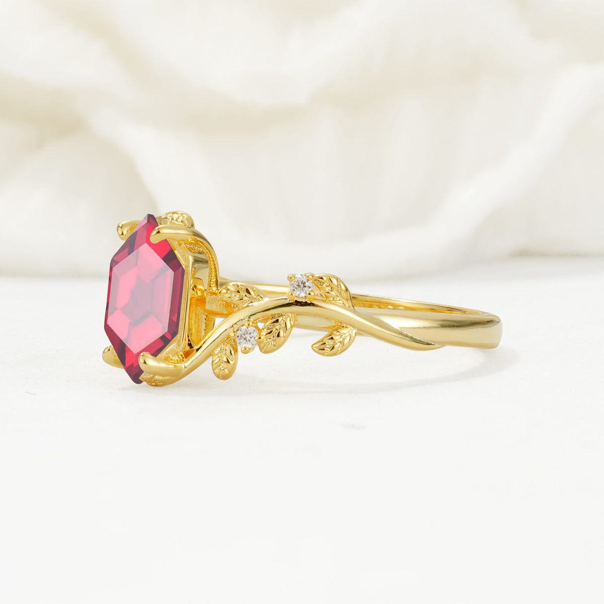 Elongated Hexagon Ruby Leaf Vine Nature-Inspired Engagement Ring - Additional view