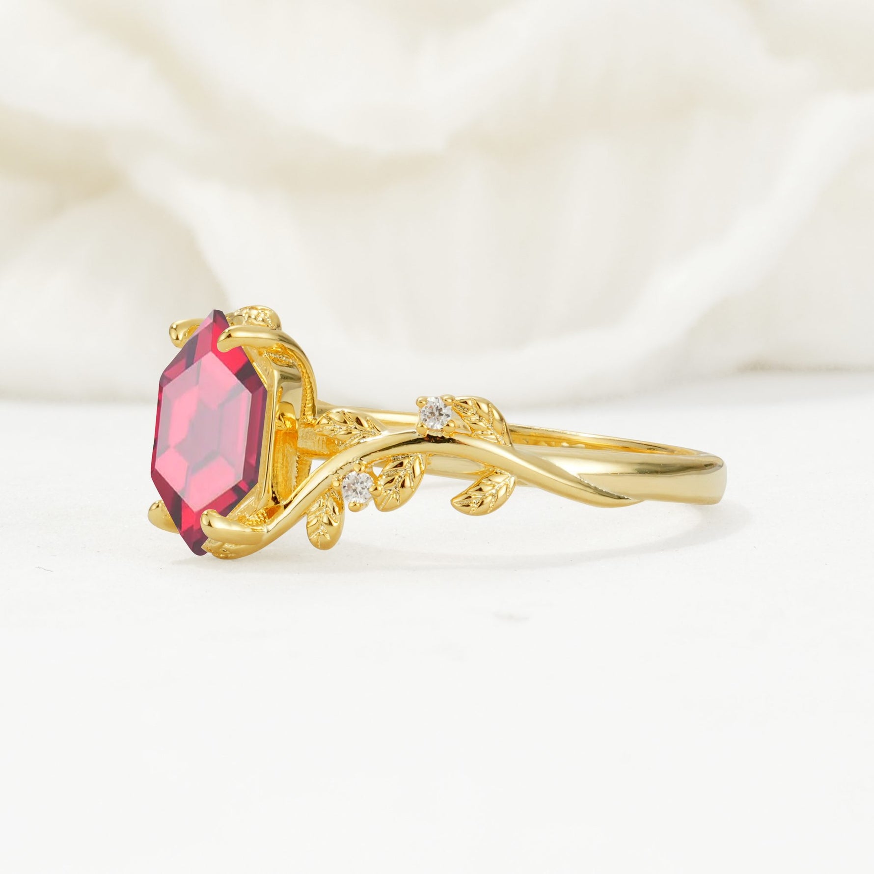 Elongated Hexagon Ruby Leaf Vine Nature-Inspired Engagement Ring - Additional view