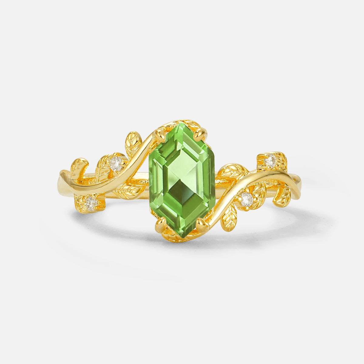 Elongated Hexagon Peridot Leaf Vine Nature-Inspired Engagement Ring - Additional view