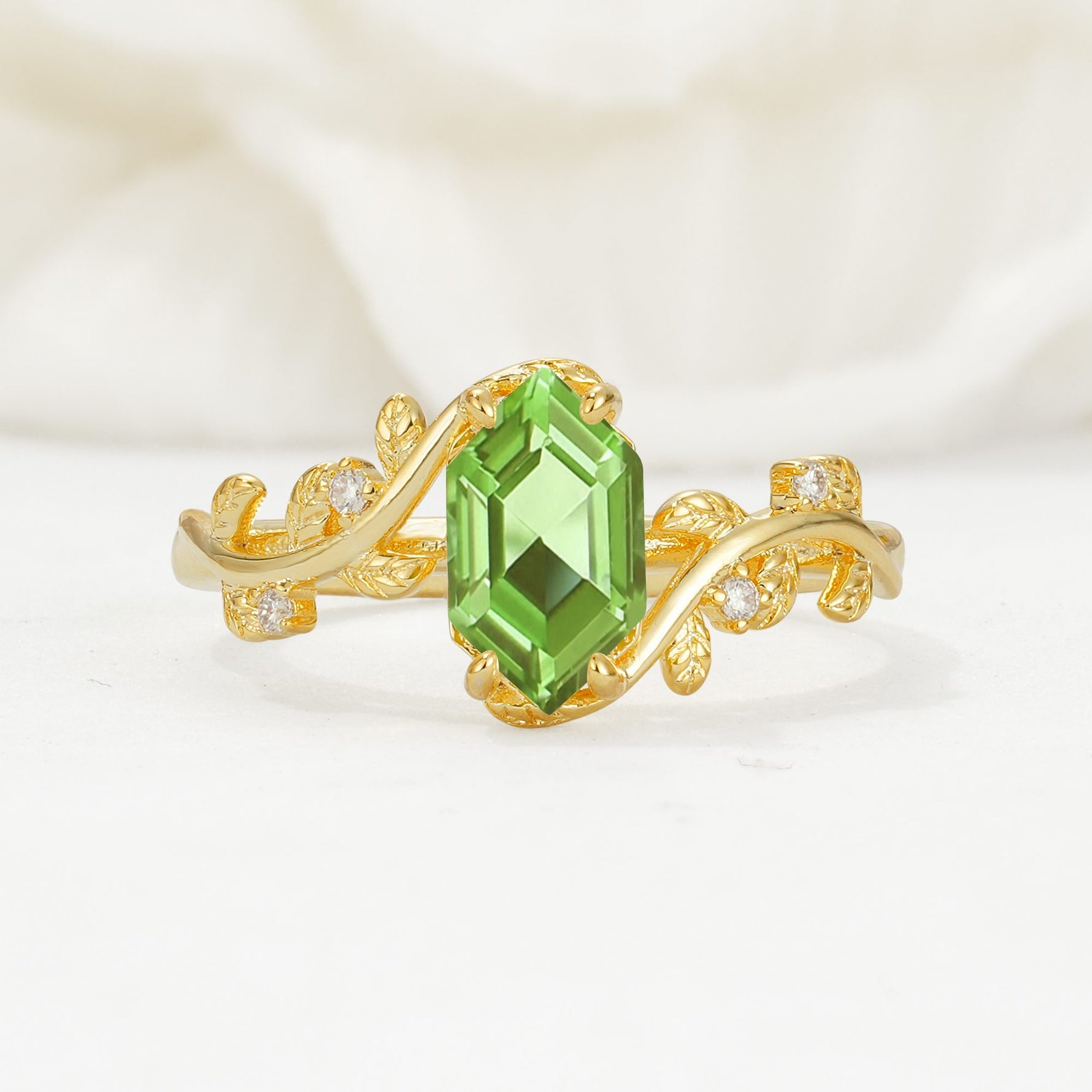 Elongated Hexagon Peridot Leaf Vine Nature-Inspired Engagement Ring - Additional view