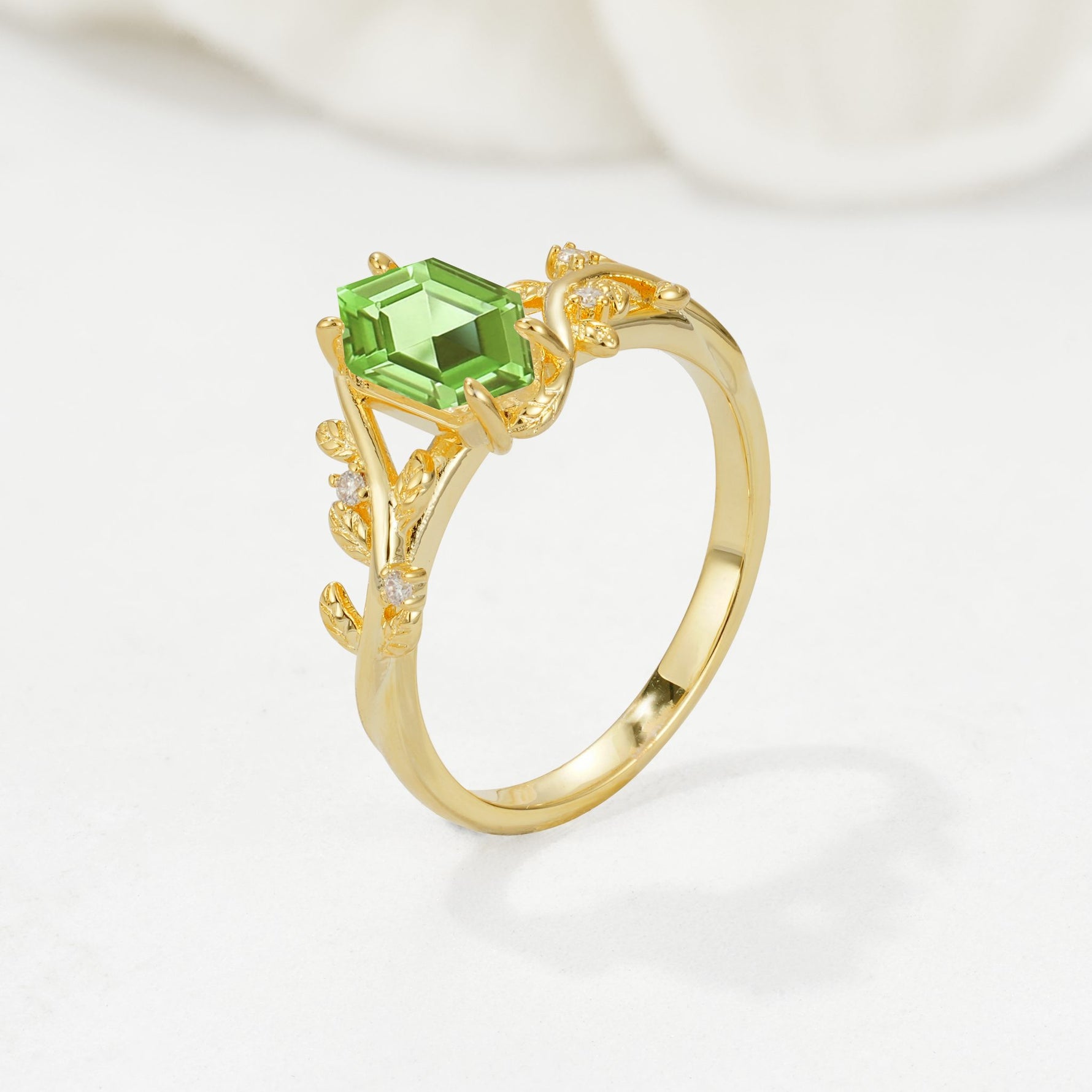 Elongated Hexagon Peridot Leaf Vine Nature-Inspired Engagement Ring - Additional view