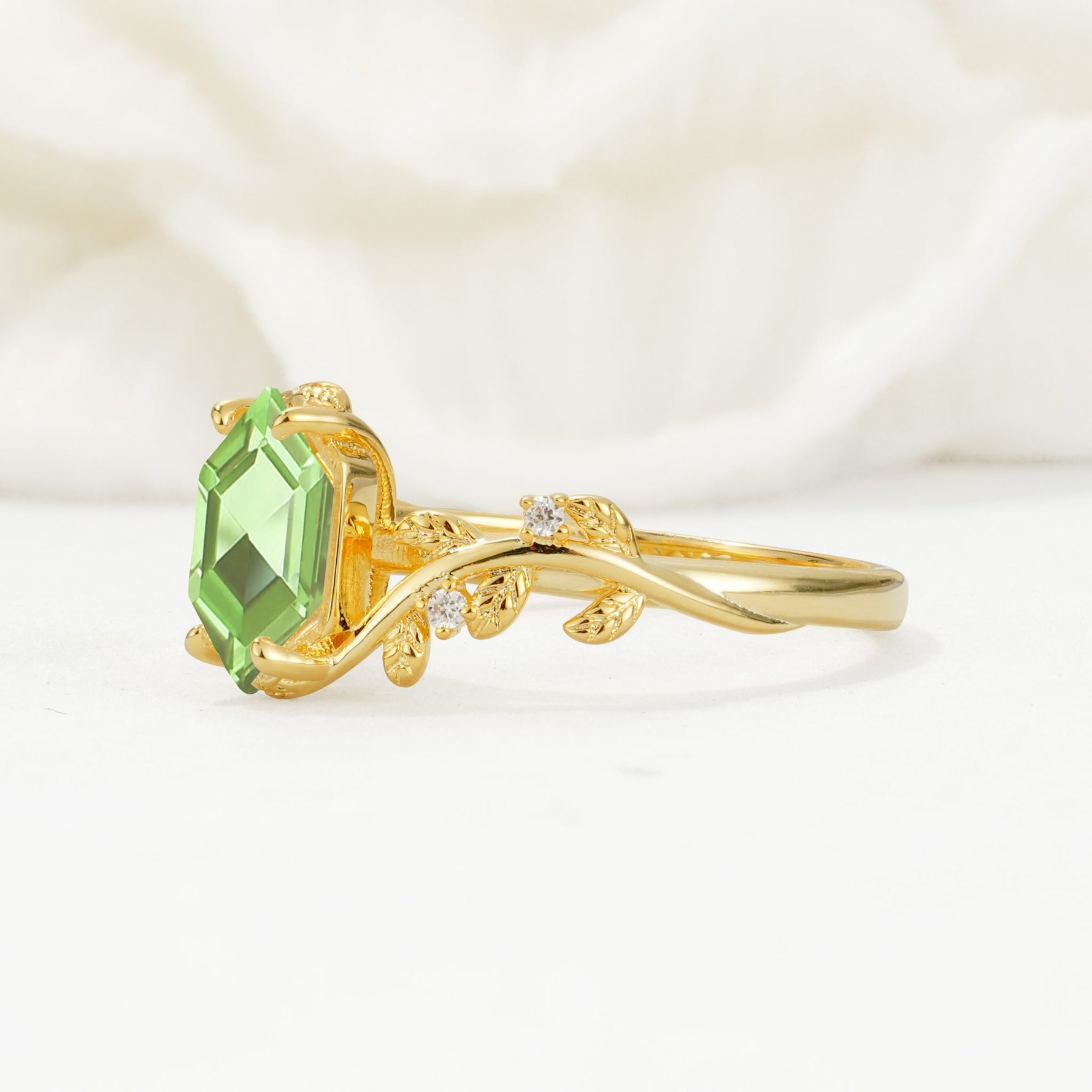 Elongated Hexagon Peridot Leaf Vine Nature-Inspired Engagement Ring - Additional view