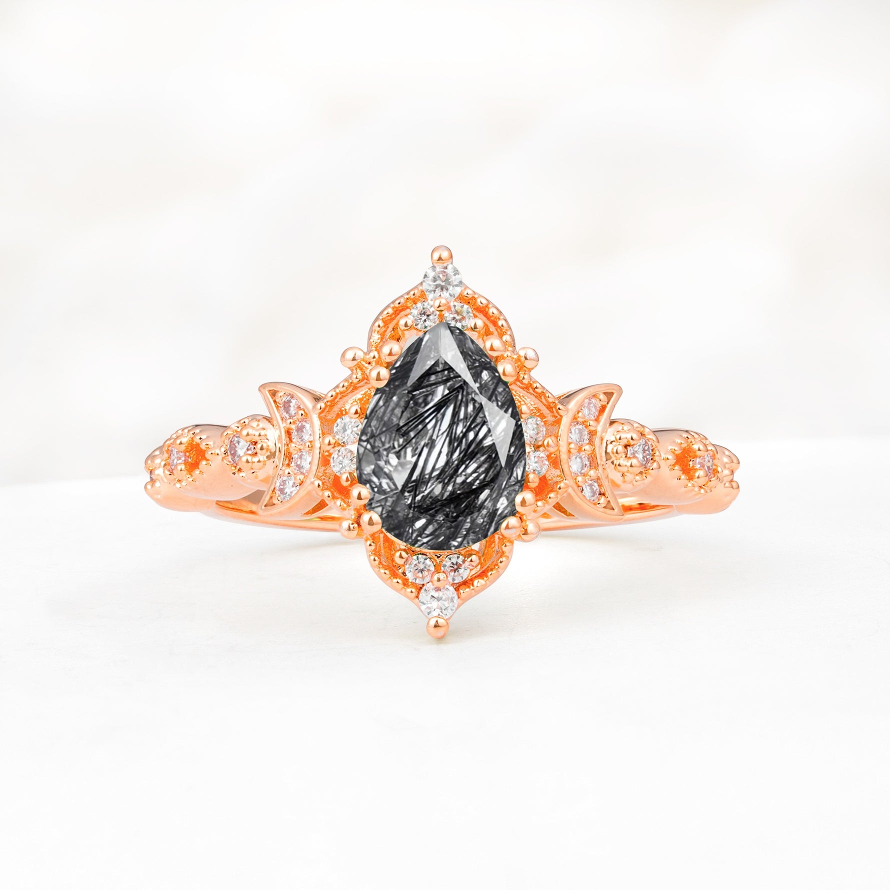 Vintage Pear Cut Milgrain Ornate Halo Black Rutilated Quartz Engagement Ring - Additional view