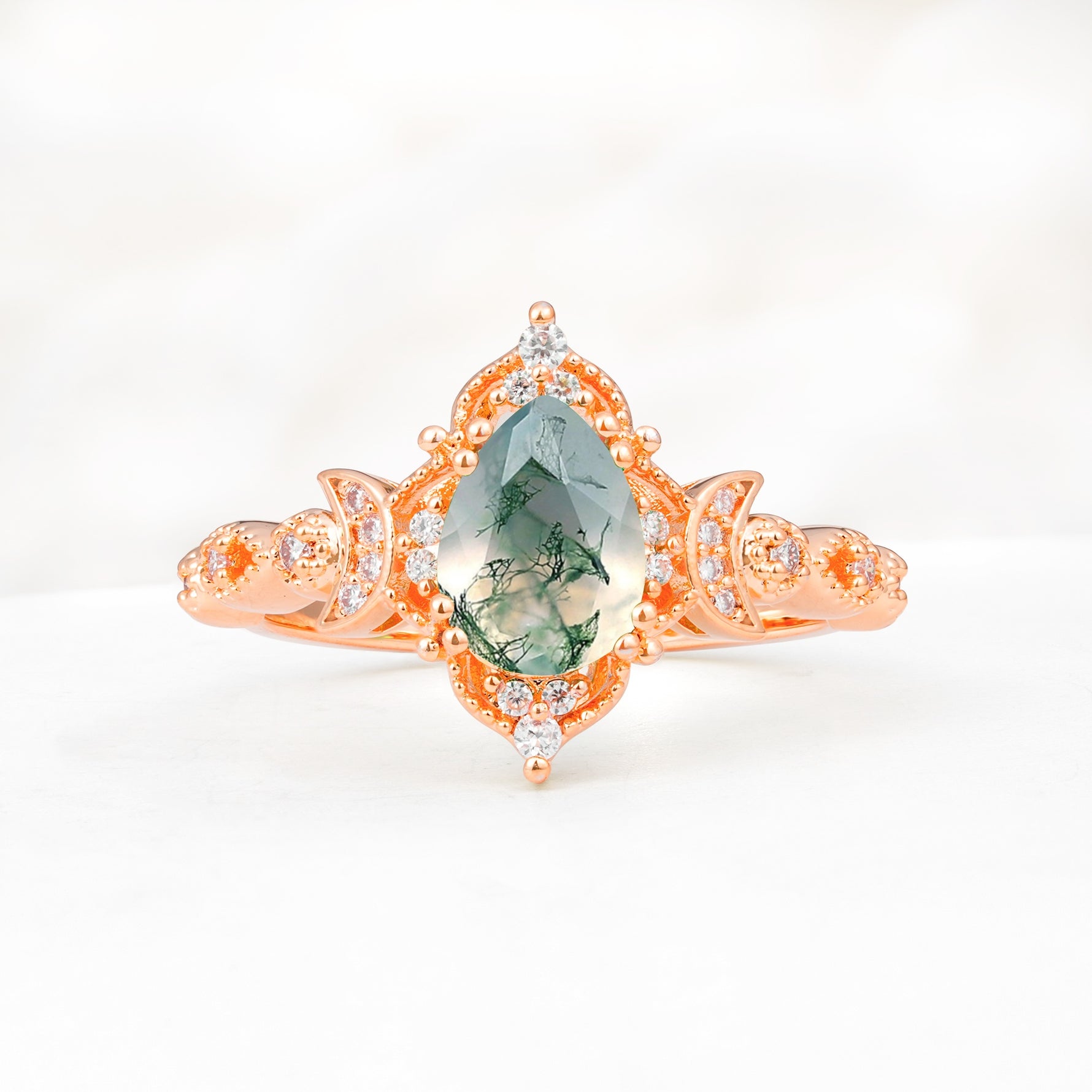 Vintage Pear Cut Milgrain Ornate Halo Moss Agate Engagement Ring - Additional view