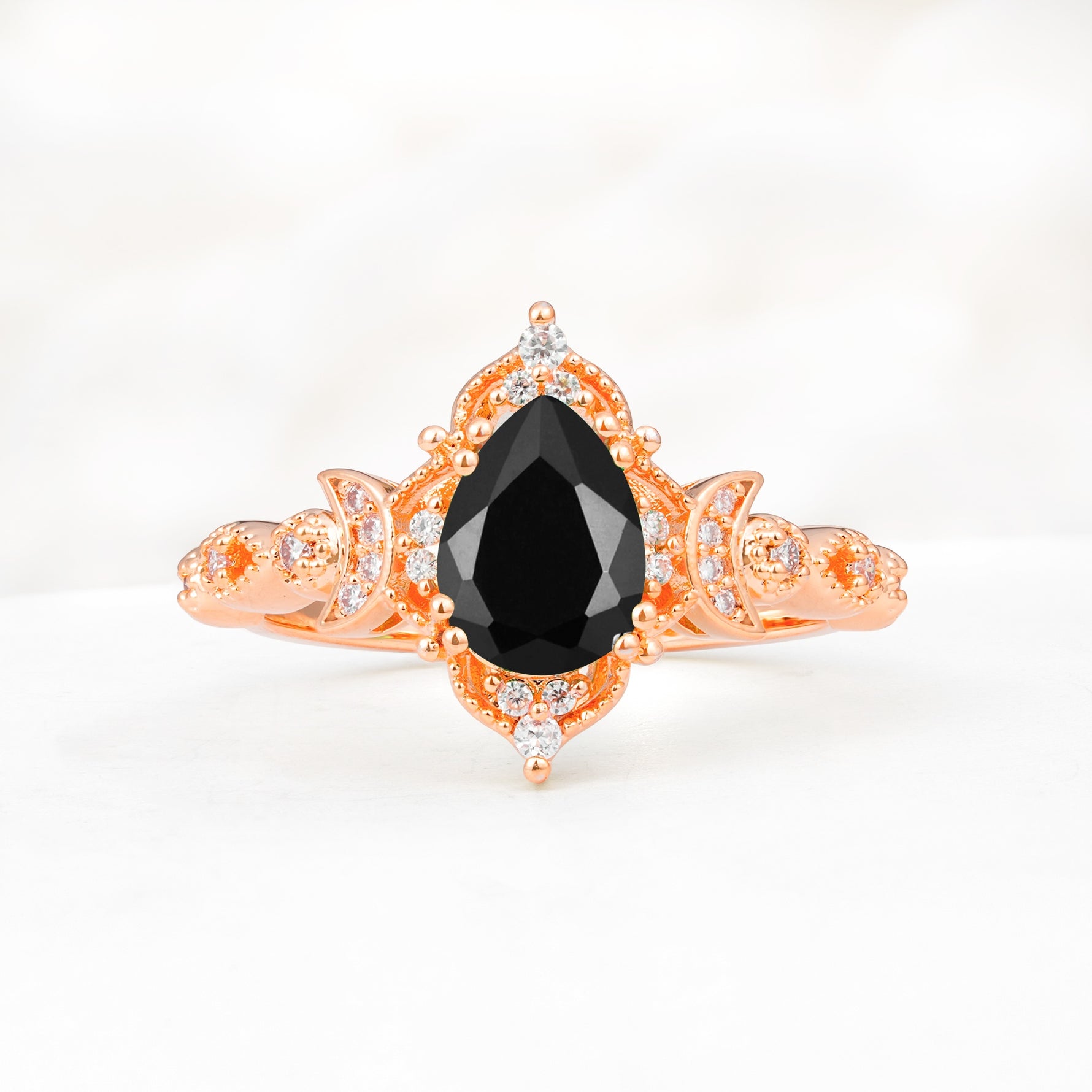 Vintage Pear Cut Milgrain Ornate Halo Black Onyx Engagement Ring - Additional view