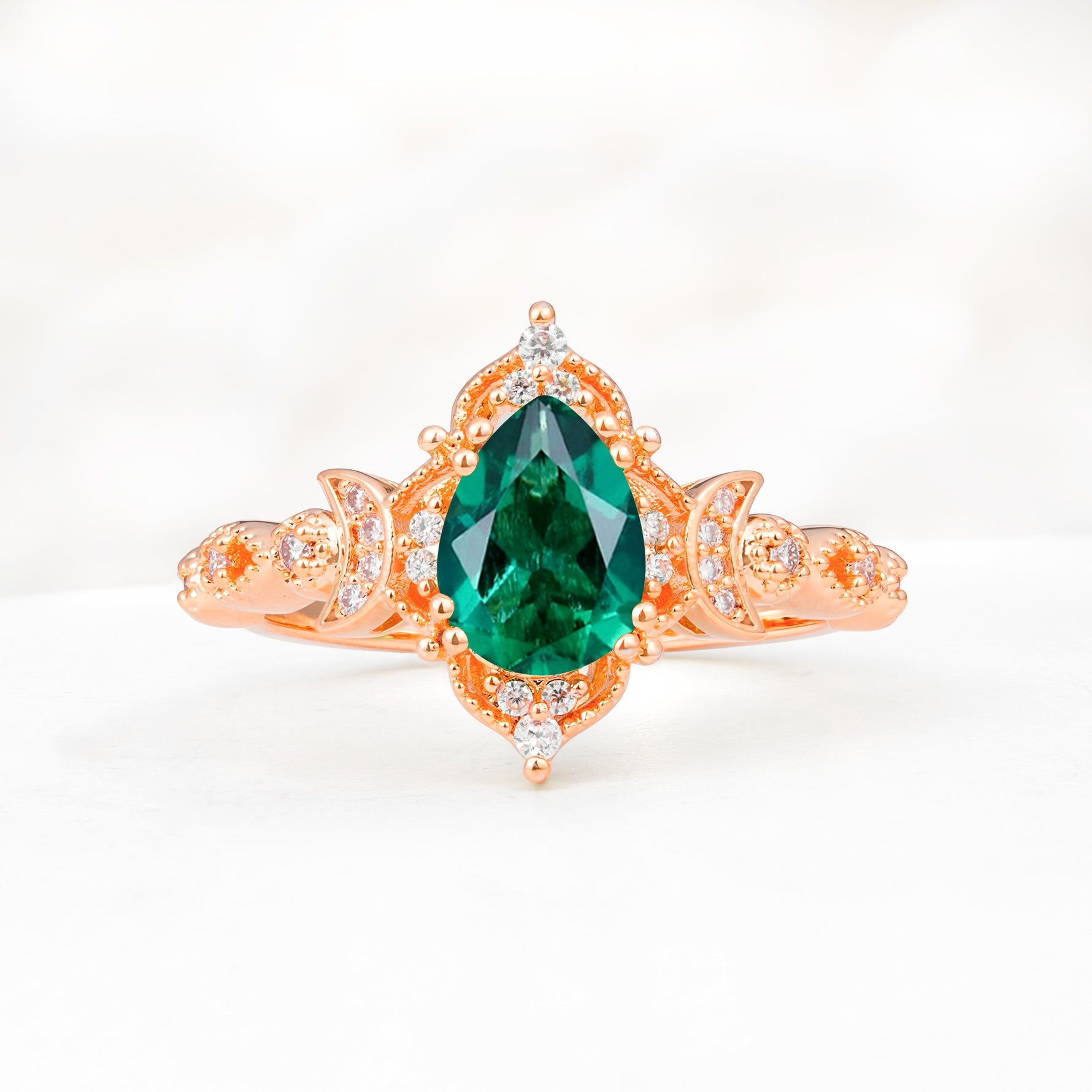 Vintage Pear Cut Milgrain Ornate Halo Emerald Engagement Ring - Additional view