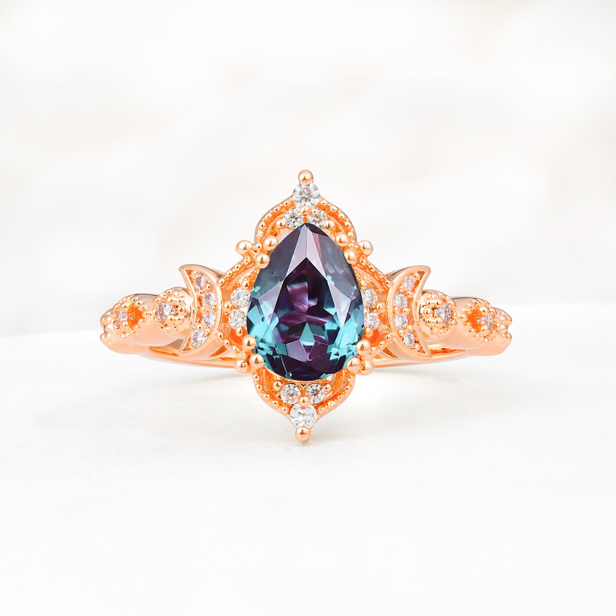 Vintage Pear Cut Milgrain Ornate Halo Alexandrite Engagement Ring - Additional view