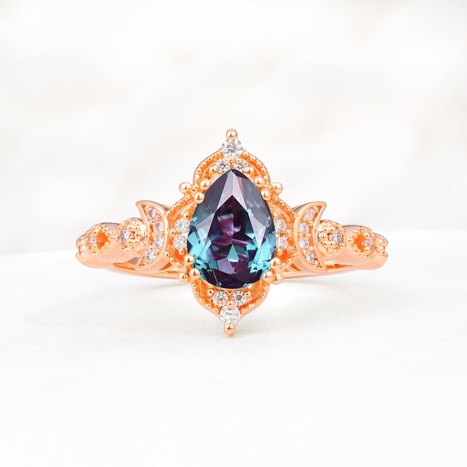 Vintage Pear Cut Milgrain Ornate Halo Alexandrite Engagement Ring - Additional view