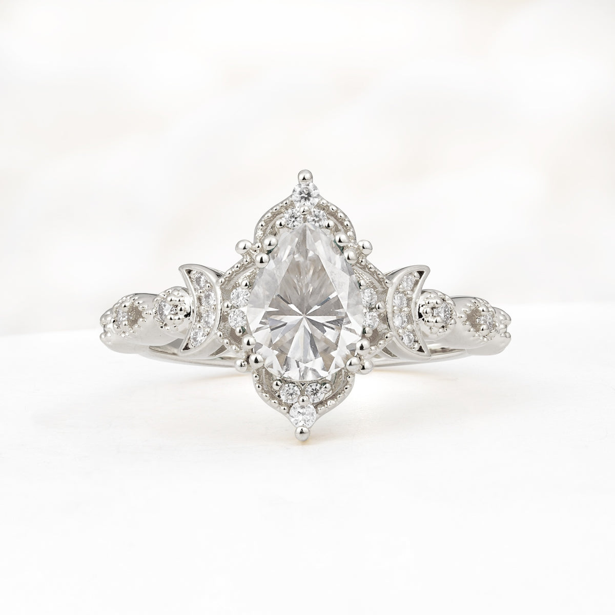 Vintage Pear Cut Milgrain Ornate Halo Moissanite Engagement Ring - Additional view