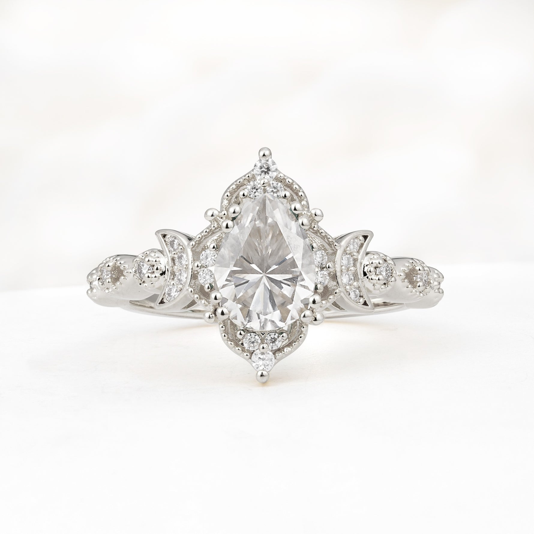 Vintage Pear Cut Milgrain Ornate Halo Moissanite Engagement Ring - Additional view