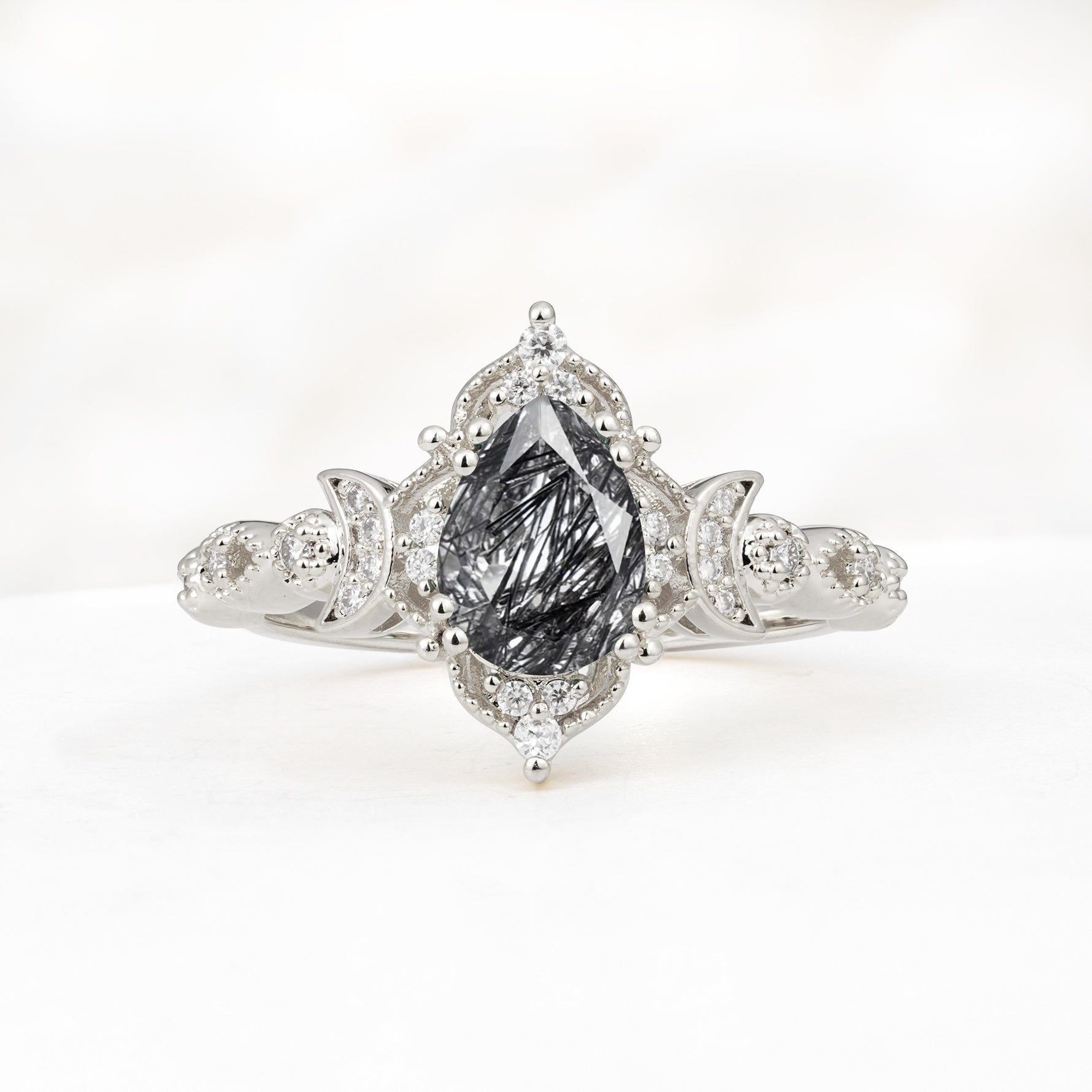 Vintage Pear Cut Milgrain Ornate Halo Black Rutilated Quartz Engagement Ring - Additional view