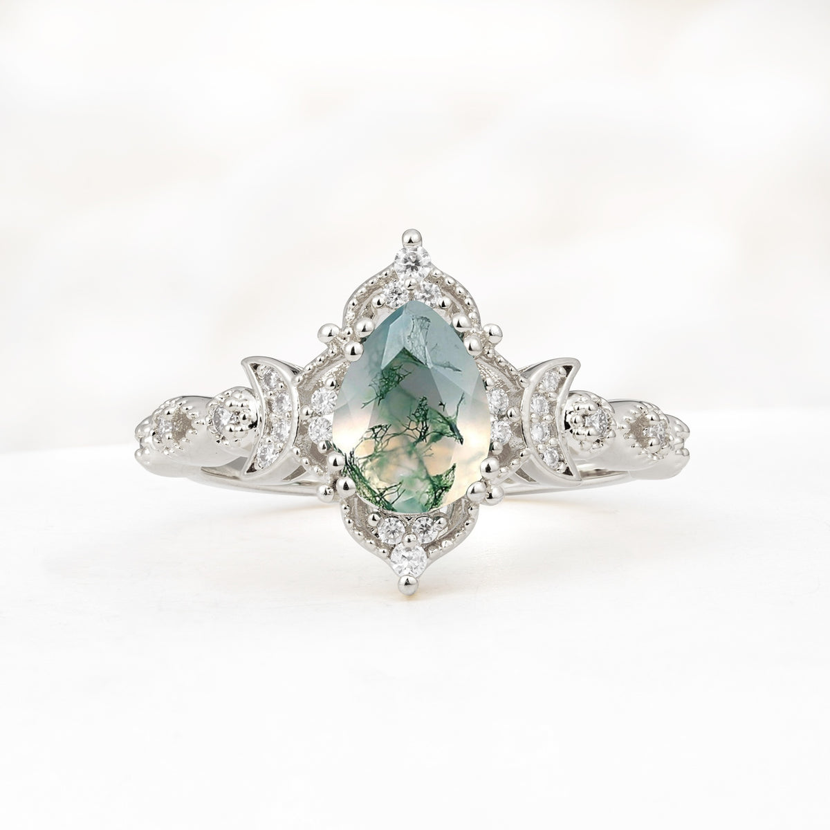 Vintage Pear Cut Milgrain Ornate Halo Moss Agate Engagement Ring - Additional view