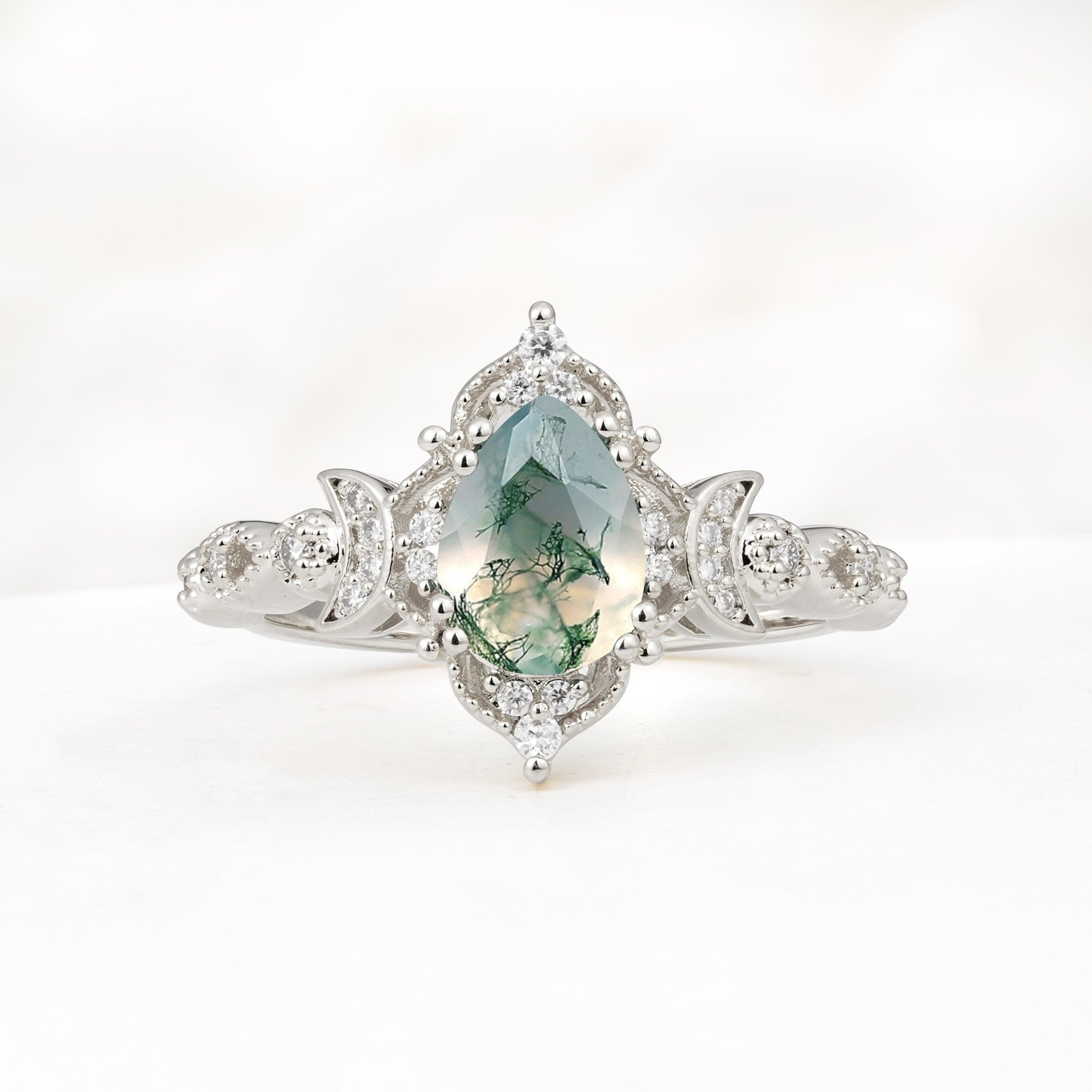 Vintage Pear Cut Milgrain Ornate Halo Moss Agate Engagement Ring - Additional view