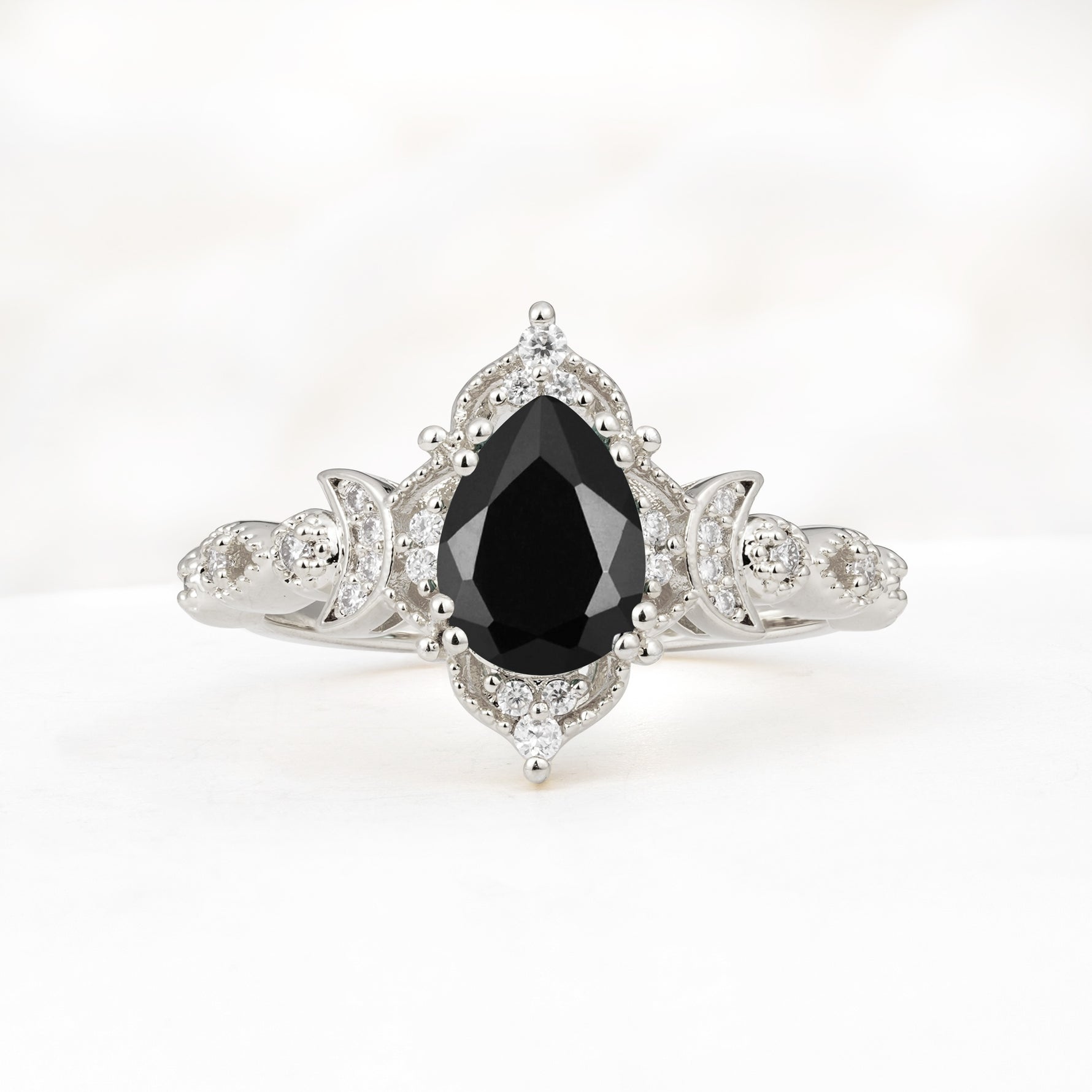 Vintage Pear Cut Milgrain Ornate Halo Black Onyx Engagement Ring - Additional view