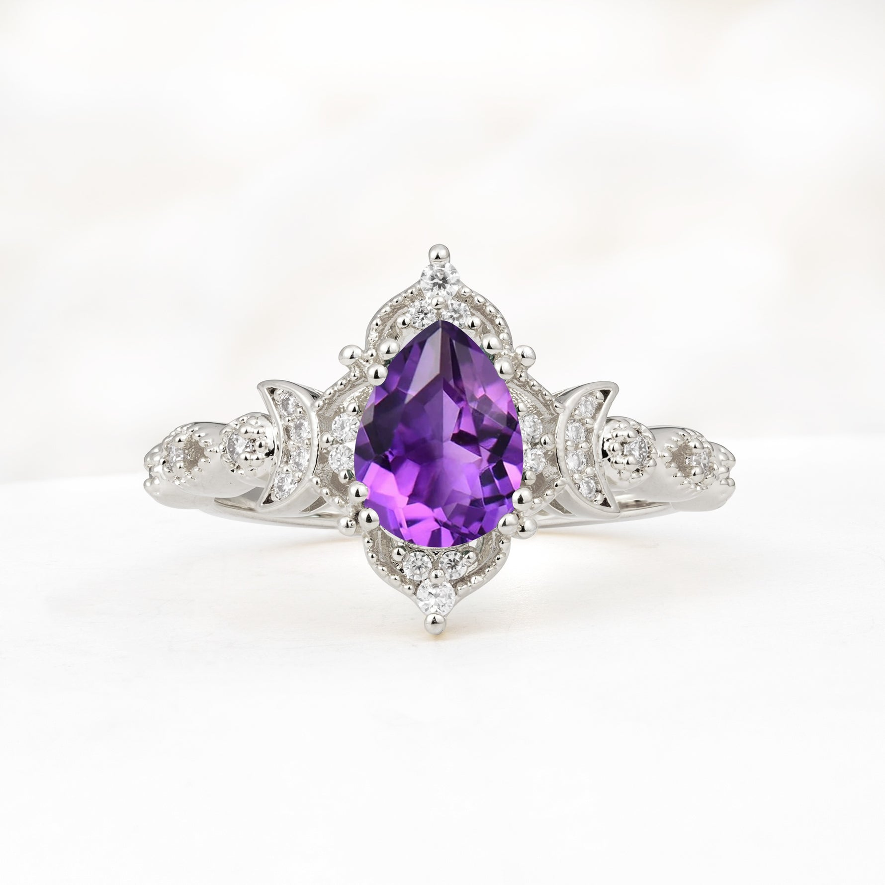 Vintage Pear Cut Milgrain Ornate Halo Amethyst Engagement Ring - Additional view