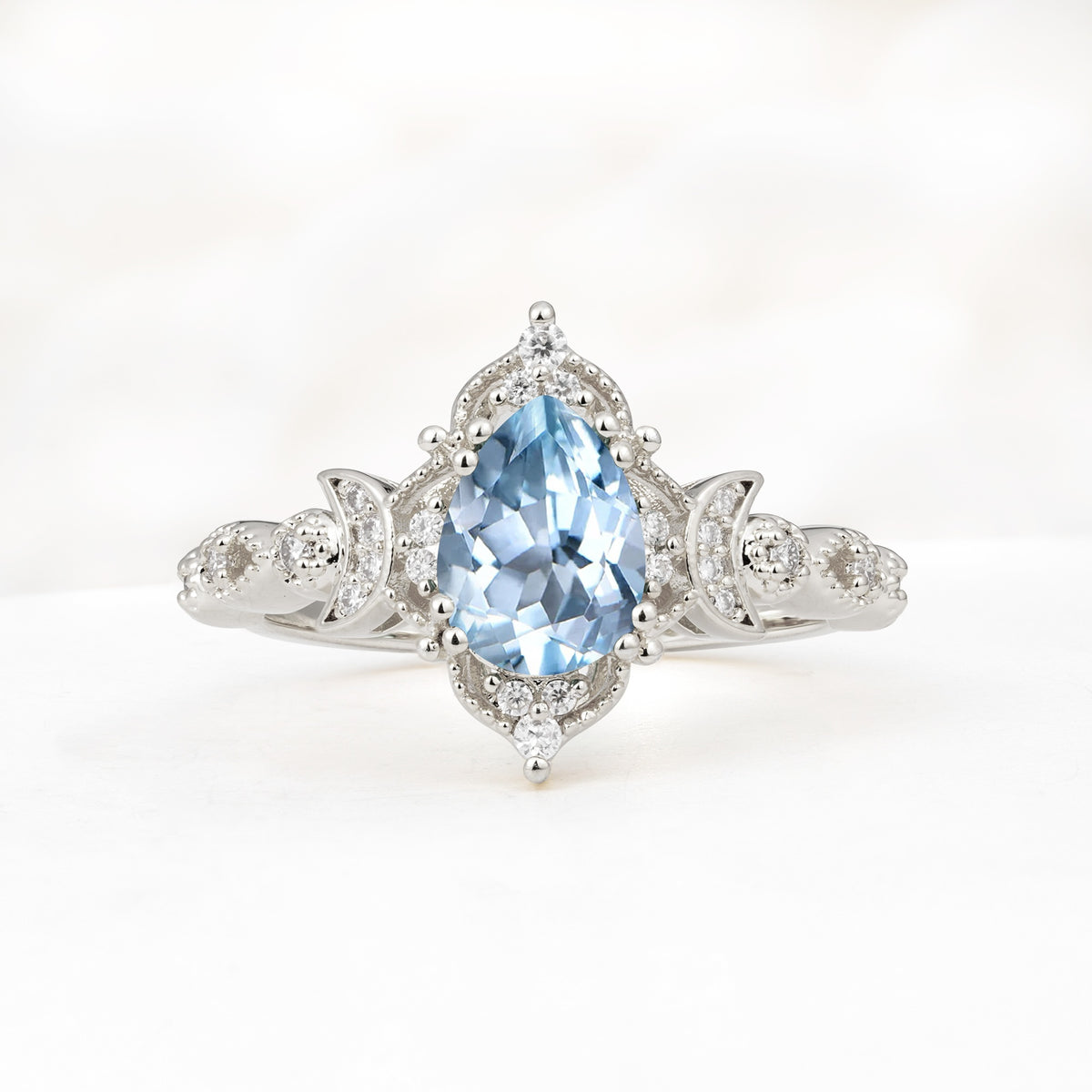 Vintage Pear Cut Milgrain Ornate Halo Aquamarine Engagement Ring - Additional view