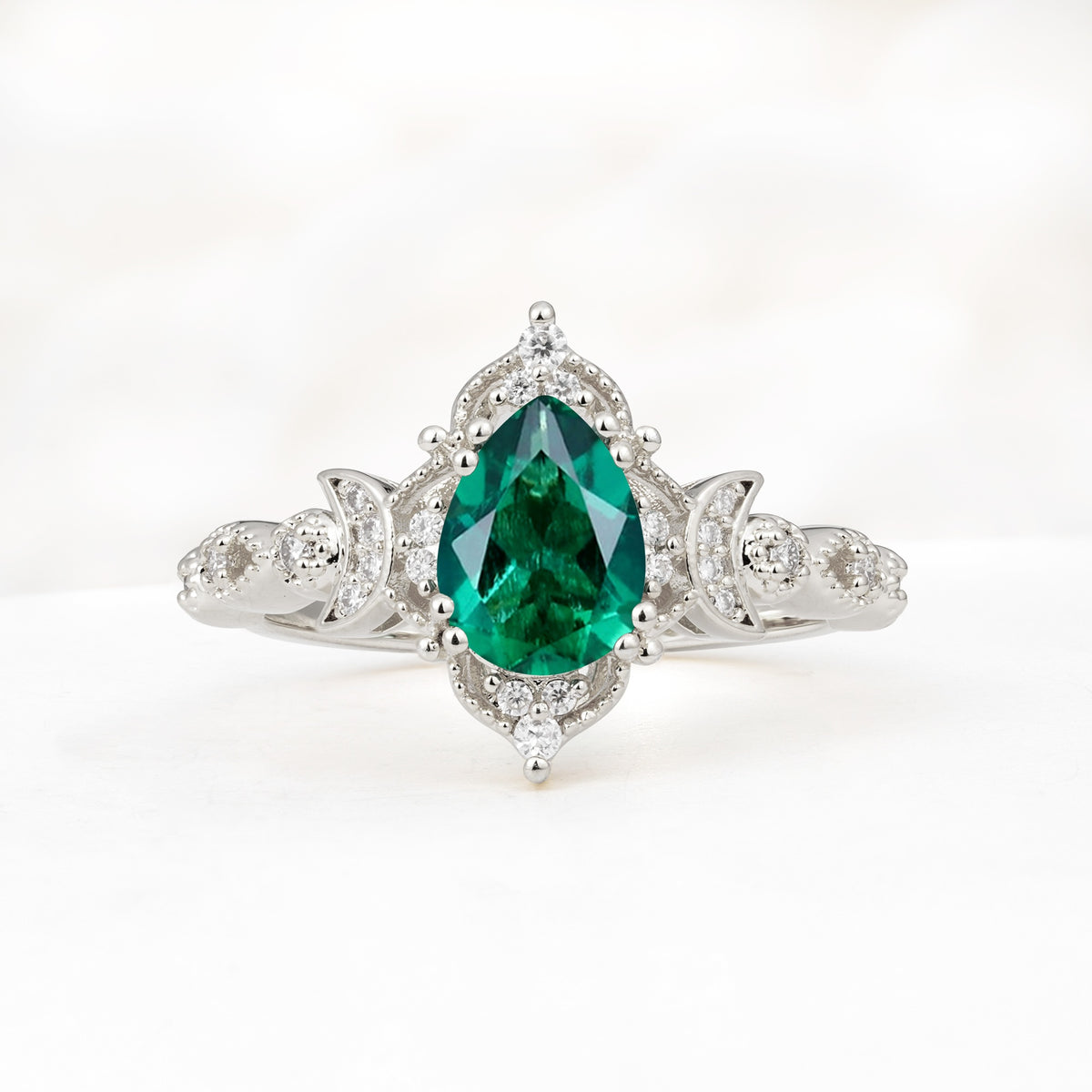 Vintage Pear Cut Milgrain Ornate Halo Emerald Engagement Ring - Additional view