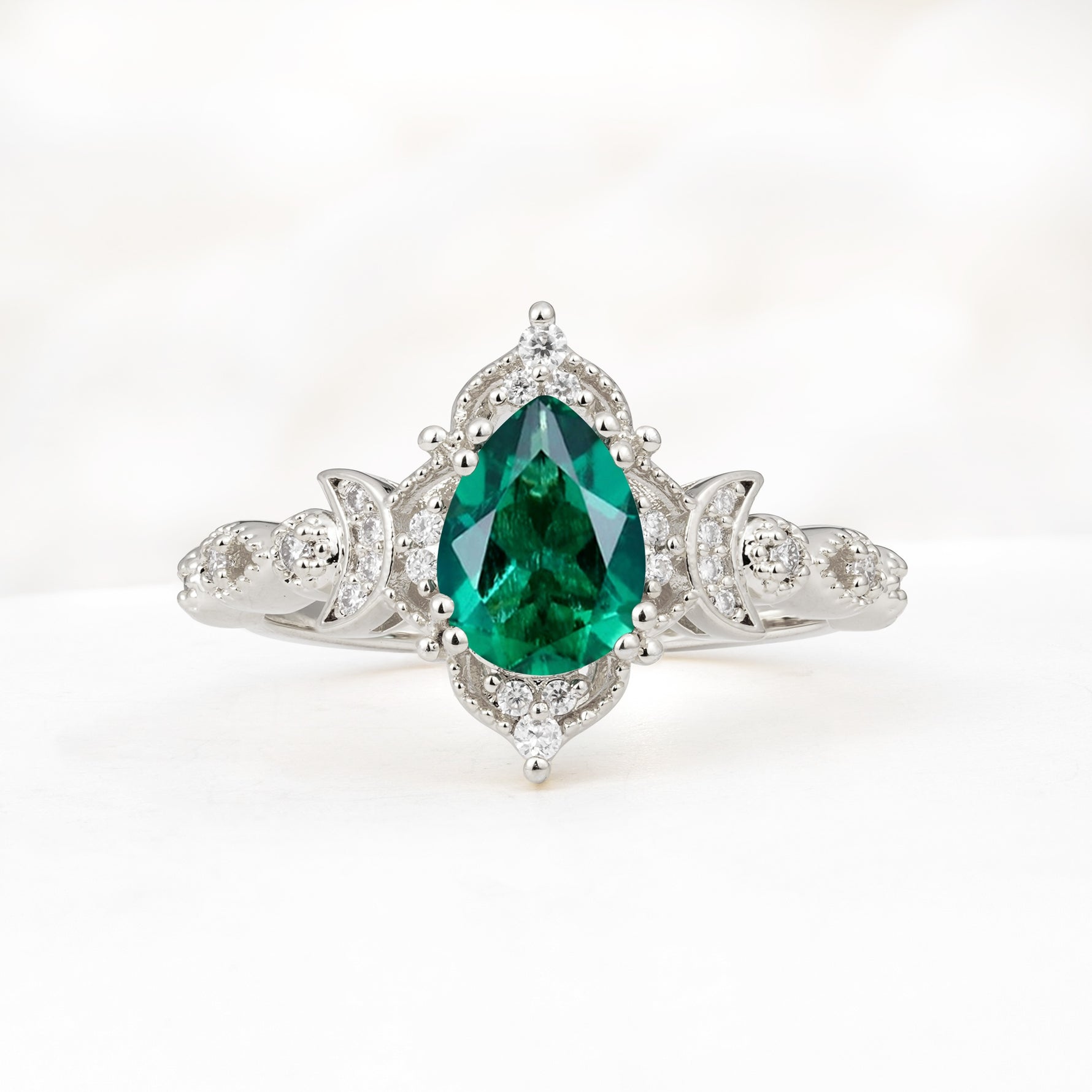 Vintage Pear Cut Milgrain Ornate Halo Emerald Engagement Ring - Additional view