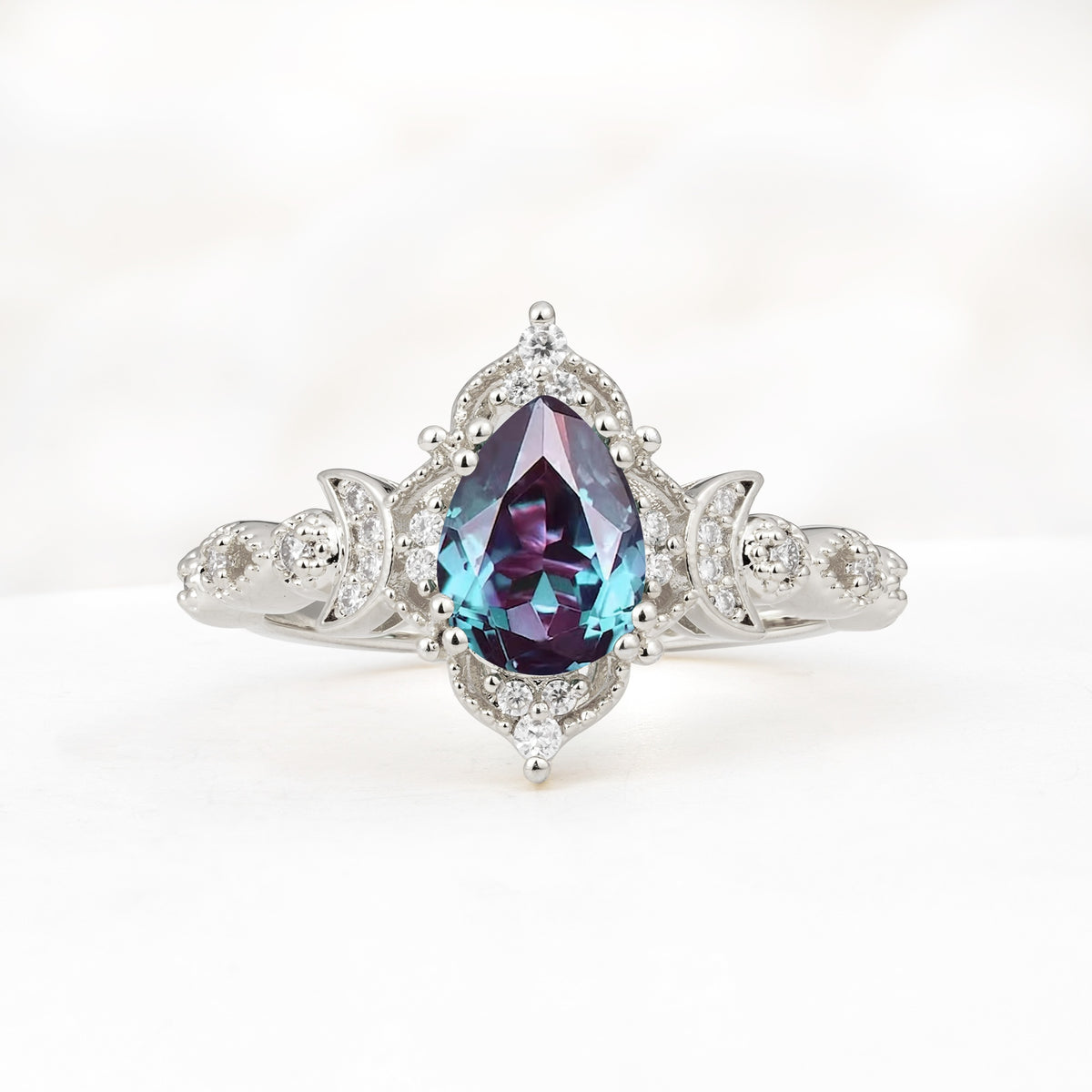 Vintage Pear Cut Milgrain Ornate Halo Alexandrite Engagement Ring - Additional view