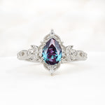 Vintage Pear Cut Milgrain Ornate Halo Alexandrite Engagement Ring - Additional view