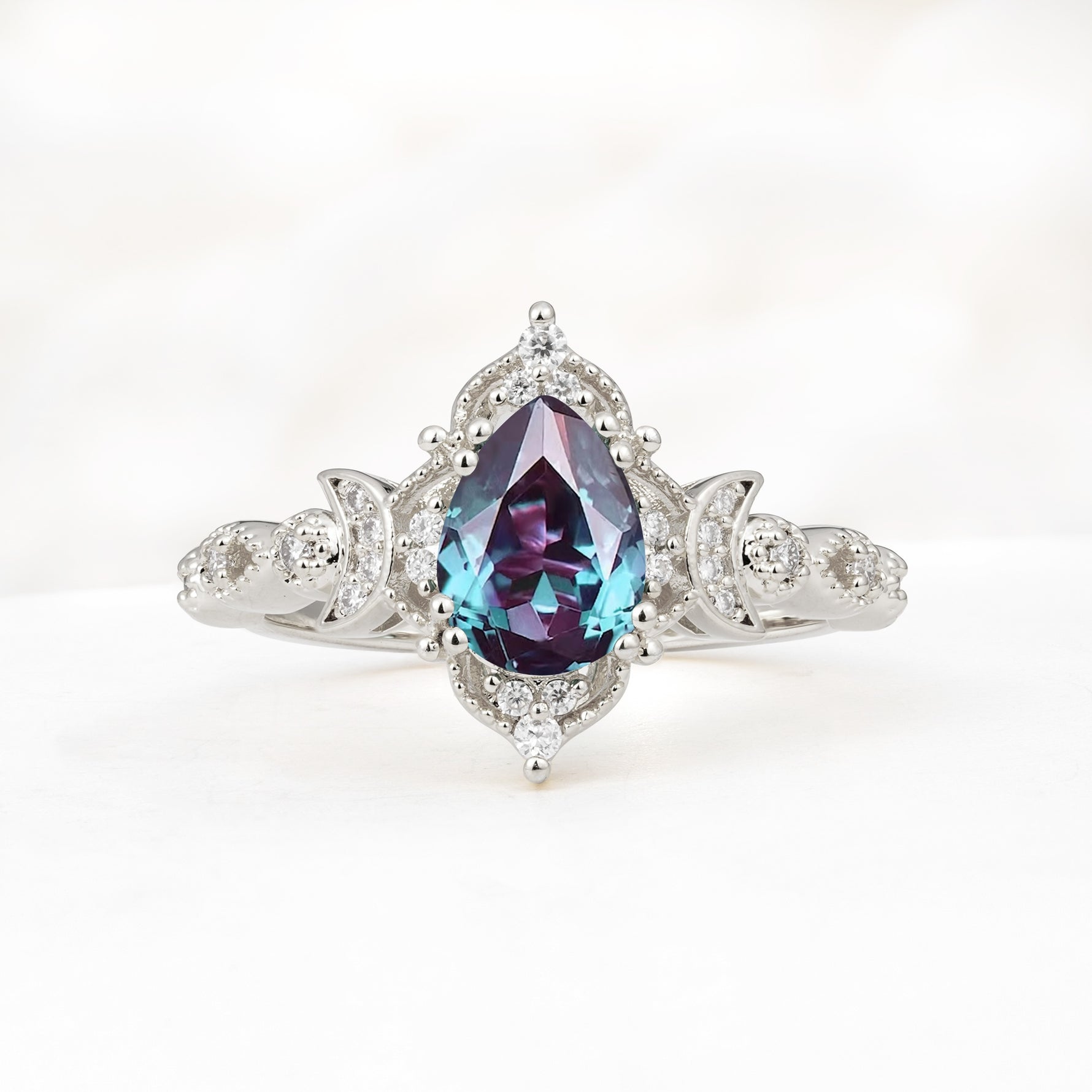 Vintage Pear Cut Milgrain Ornate Halo Alexandrite Engagement Ring - Additional view