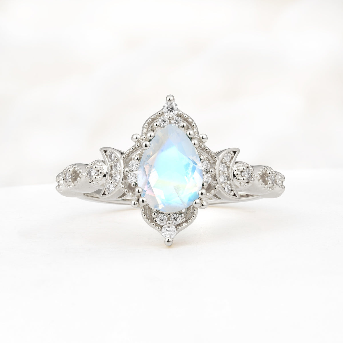 Vintage Pear Cut Milgrain Ornate Halo Moonstone Engagement Ring - Additional view