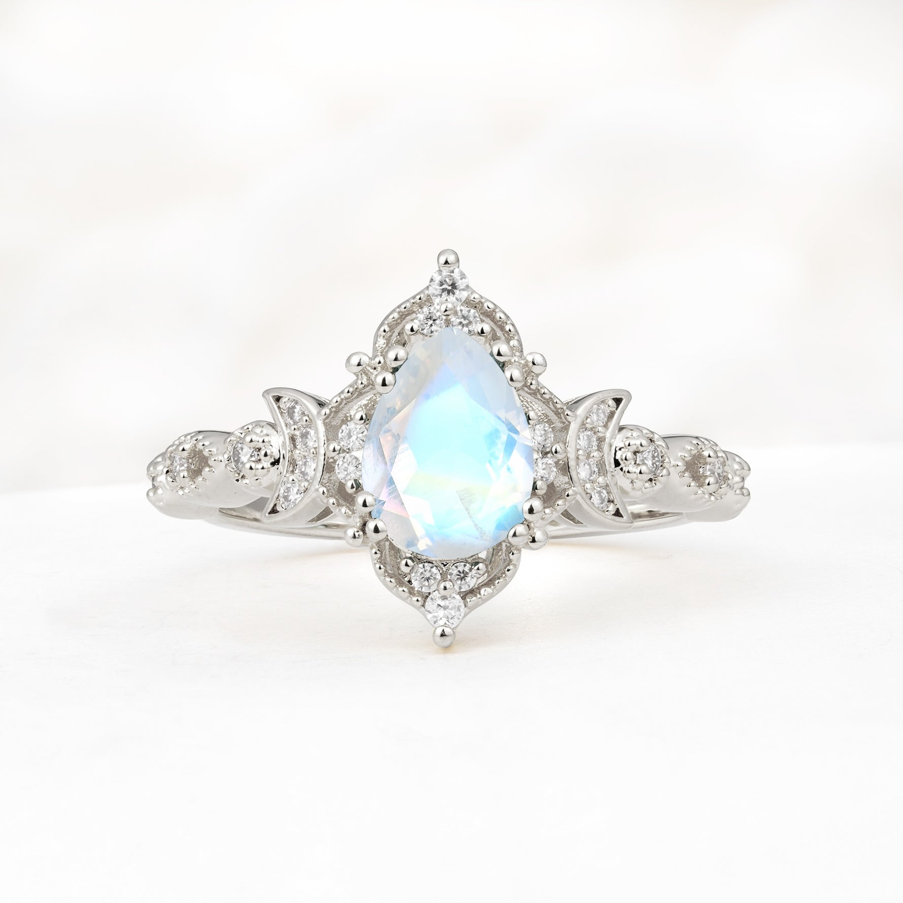 Vintage Pear Cut Milgrain Ornate Halo Moonstone Engagement Ring - Additional view