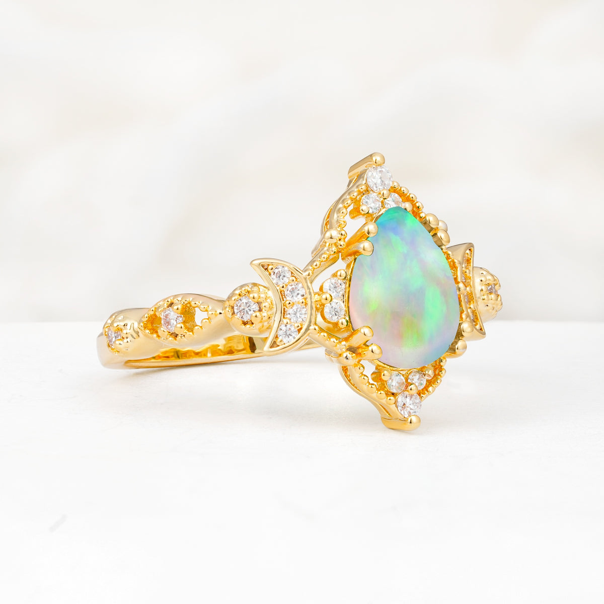Vintage Pear Cut Milgrain Ornate Halo Fire Opal Engagement Ring - Additional view
