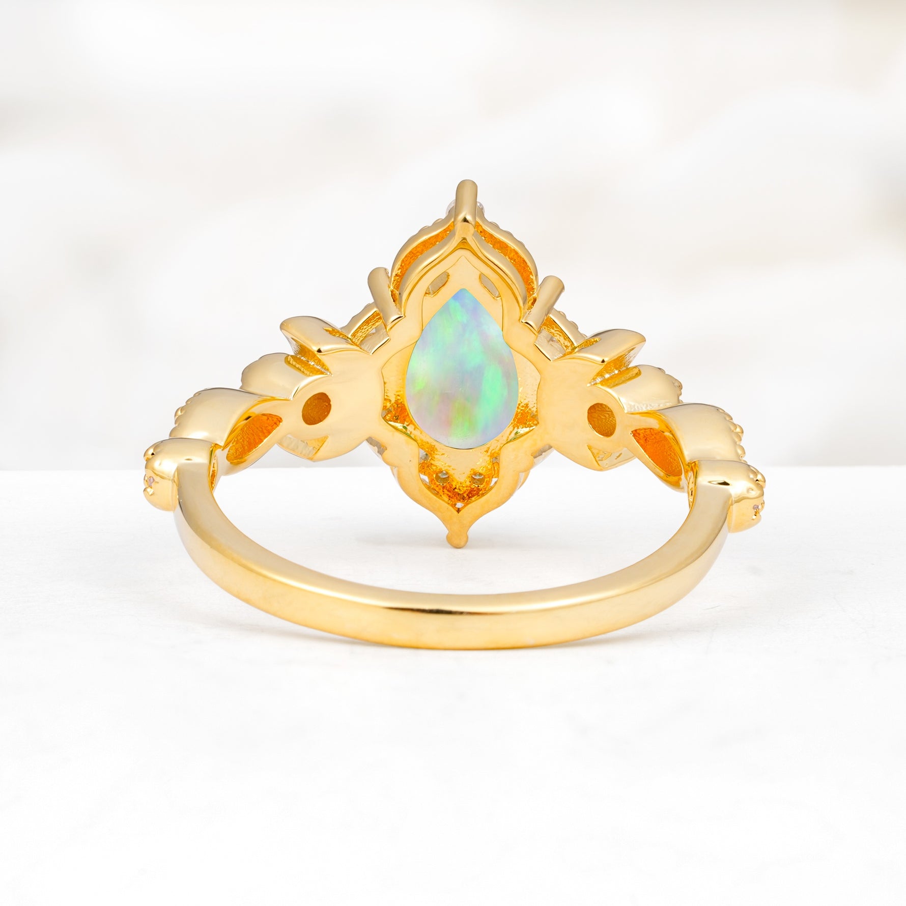 Vintage Pear Cut Milgrain Ornate Halo Fire Opal Engagement Ring - Additional view