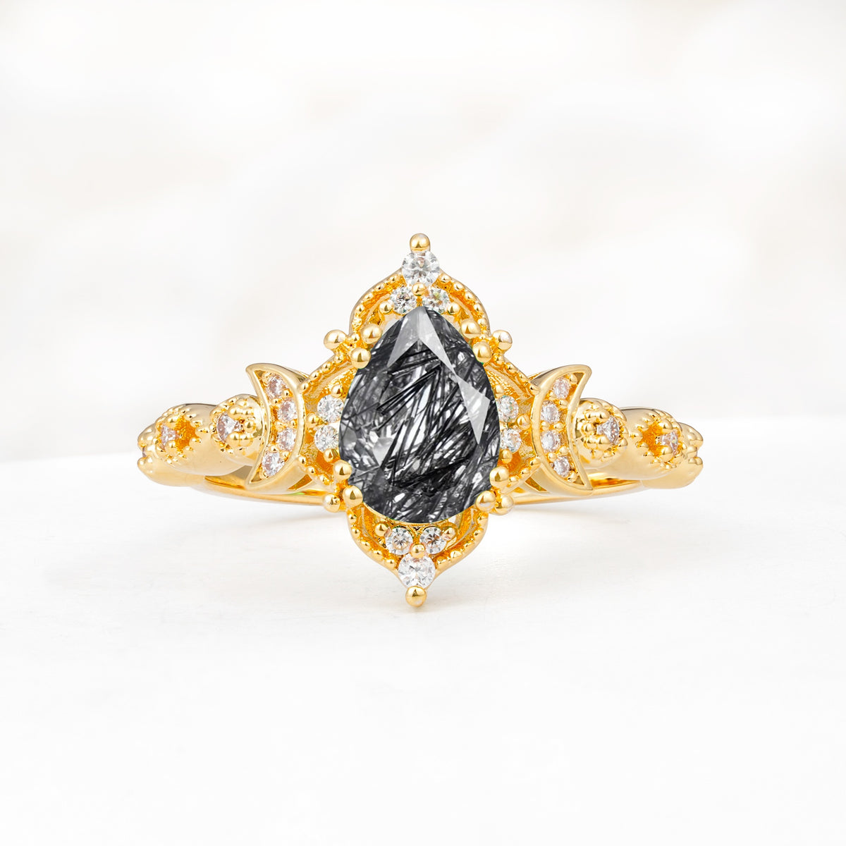 Vintage Pear Cut Milgrain Ornate Halo Black Rutilated Quartz Engagement Ring - Additional view