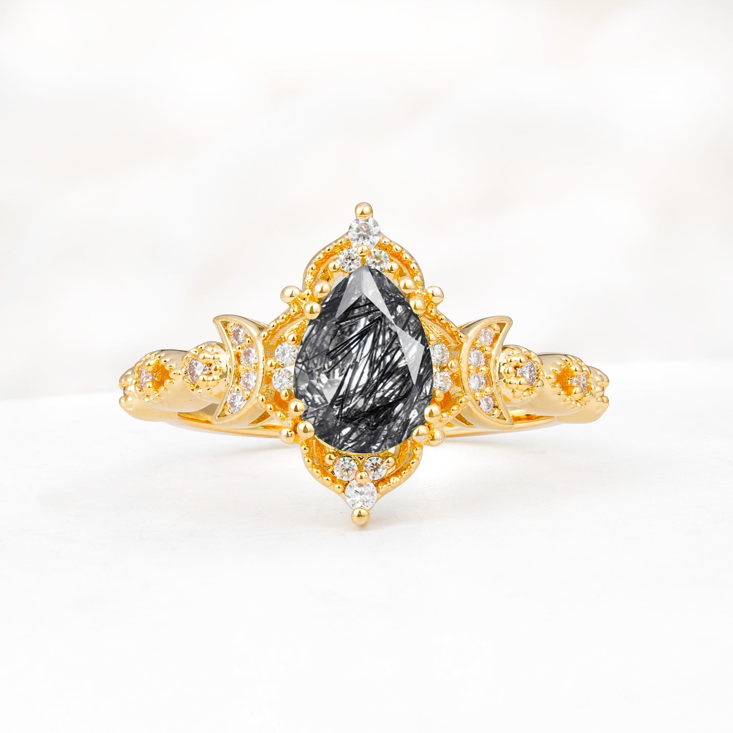 Vintage Pear Cut Milgrain Ornate Halo Black Rutilated Quartz Engagement Ring - Additional view