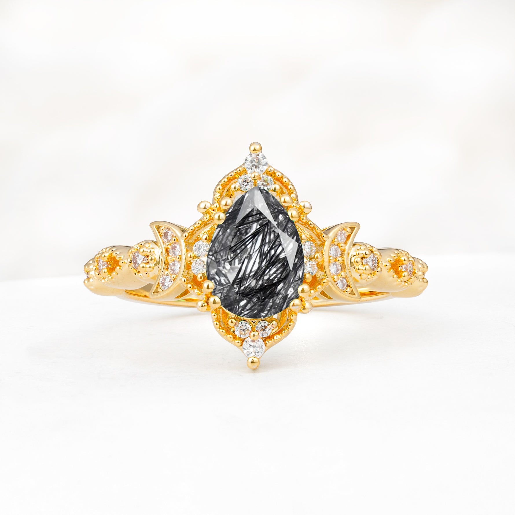 Vintage Pear Cut Milgrain Ornate Halo Black Rutilated Quartz Engagement Ring - Additional view