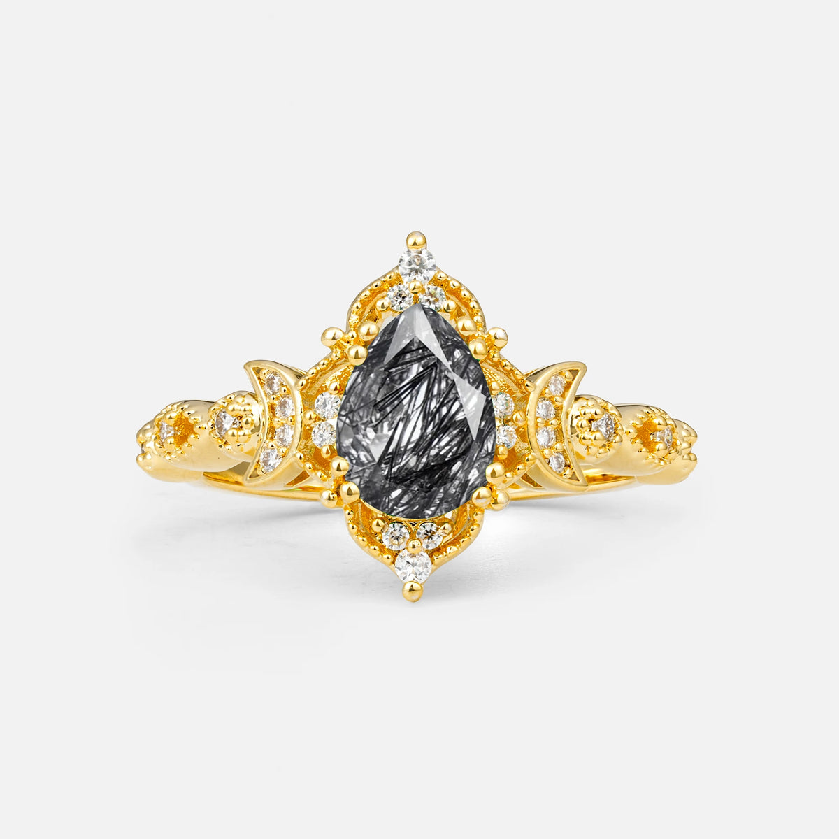Vintage Pear Cut Milgrain Ornate Halo Black Rutilated Quartz Engagement Ring