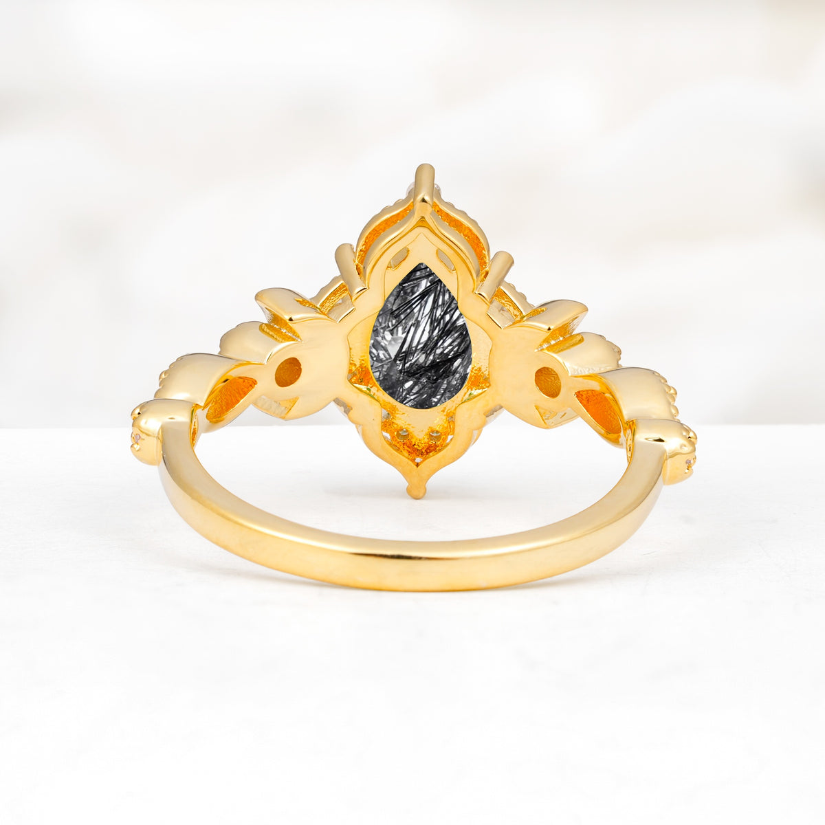 Vintage Pear Cut Milgrain Ornate Halo Black Rutilated Quartz Engagement Ring - Additional view