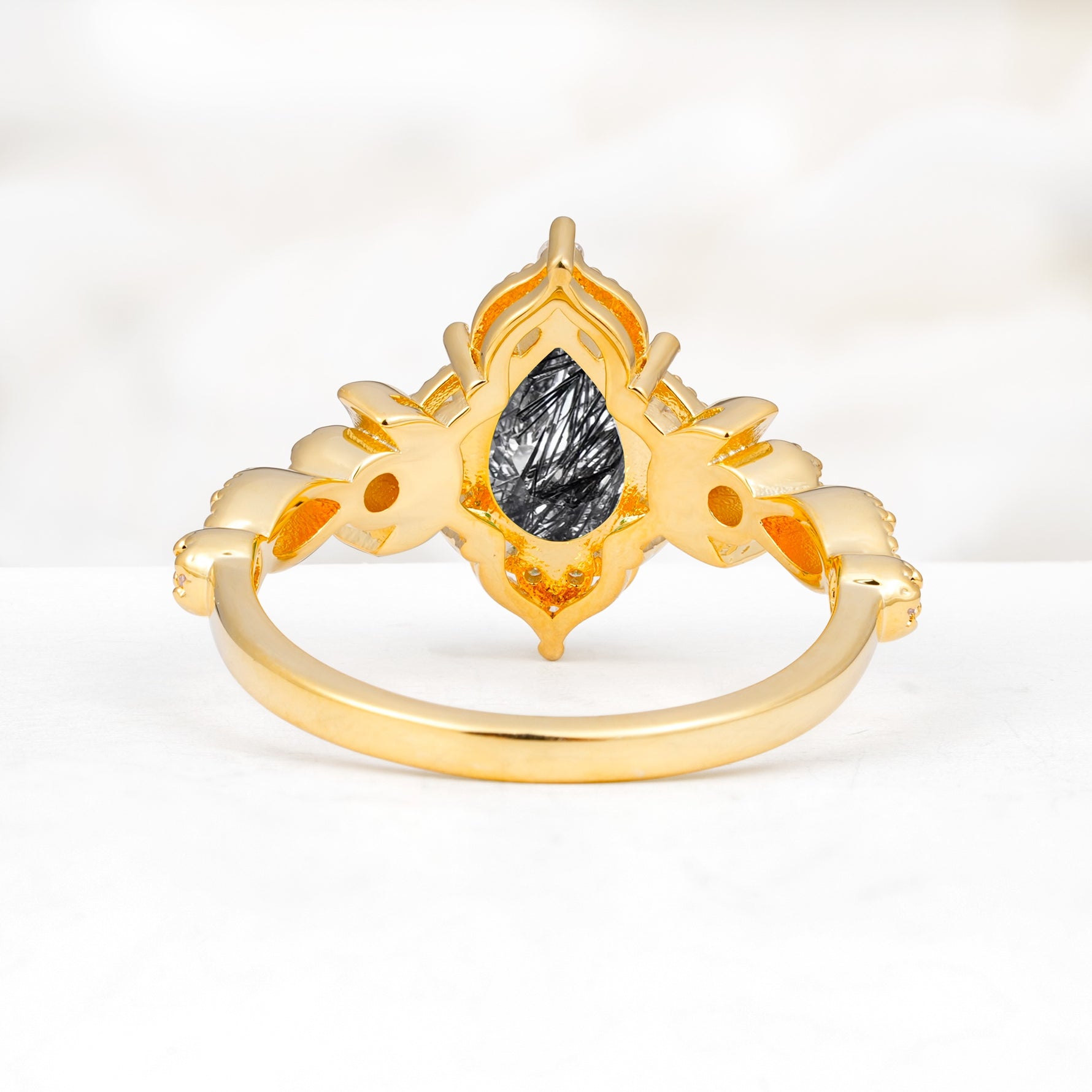 Vintage Pear Cut Milgrain Ornate Halo Black Rutilated Quartz Engagement Ring - Additional view