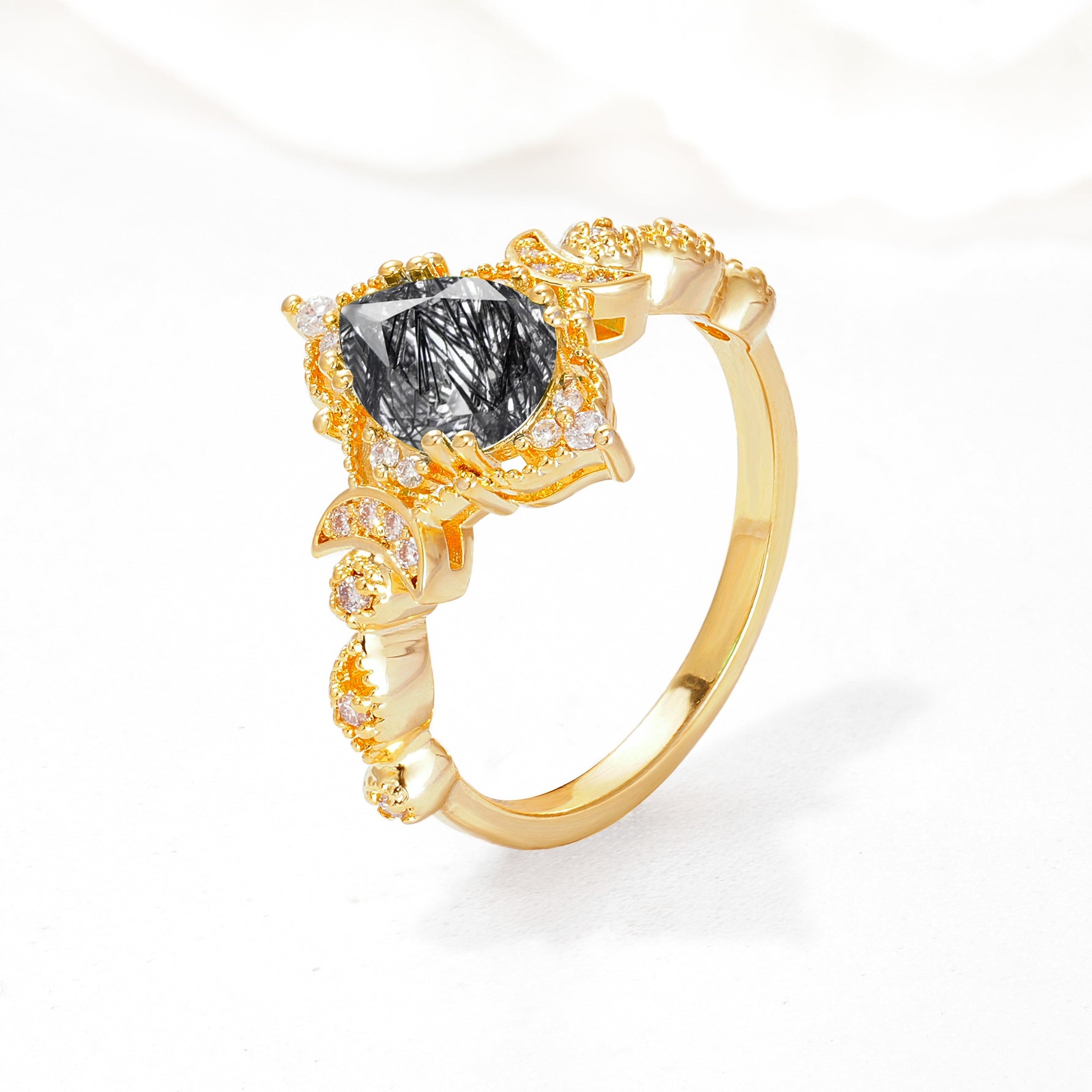 Vintage Pear Cut Milgrain Ornate Halo Black Rutilated Quartz Engagement Ring - Additional view
