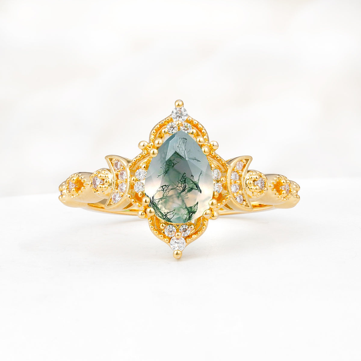 Vintage Pear Cut Milgrain Ornate Halo Moss Agate Engagement Ring - Additional view