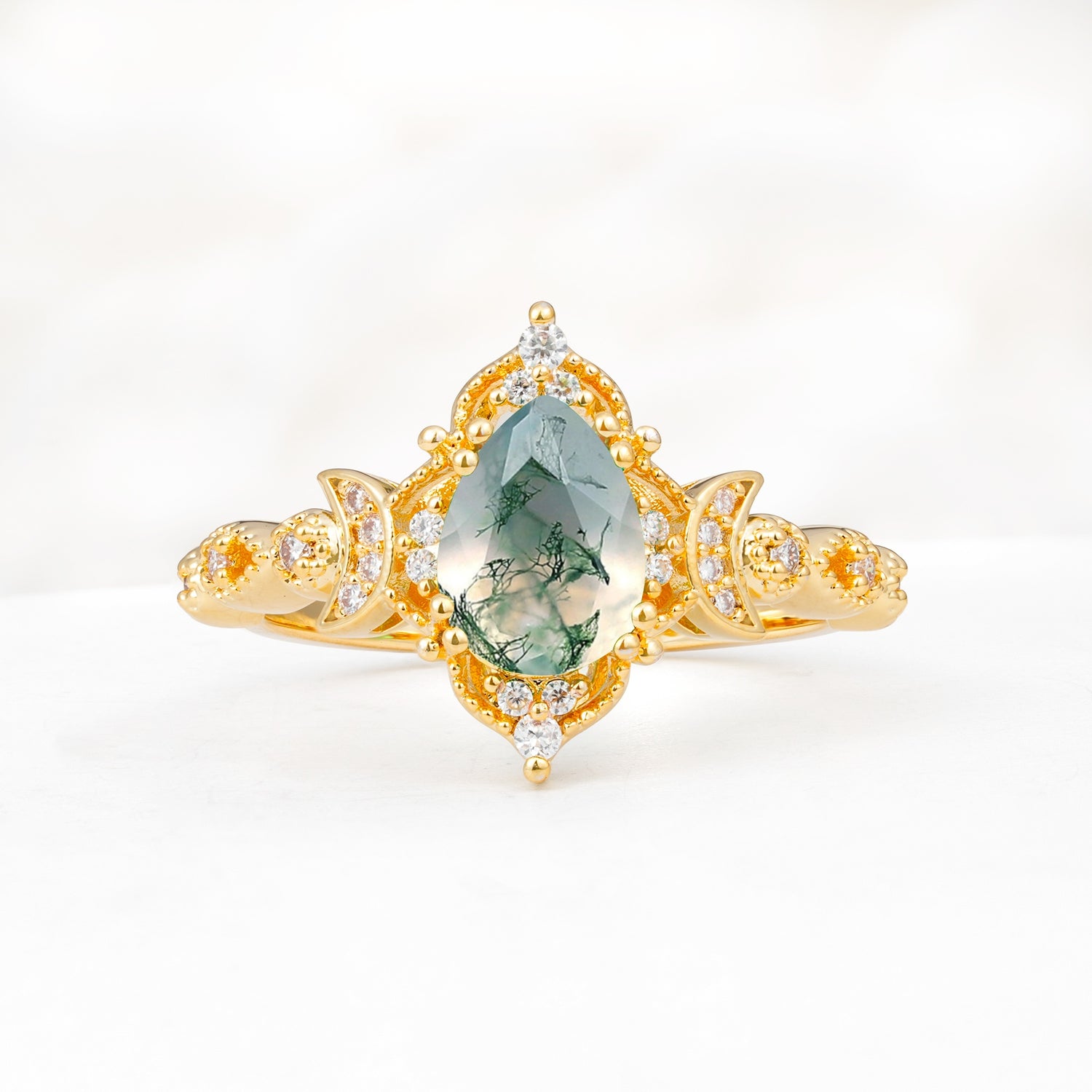 Vintage Pear Cut Milgrain Ornate Halo Moss Agate Engagement Ring - Additional view