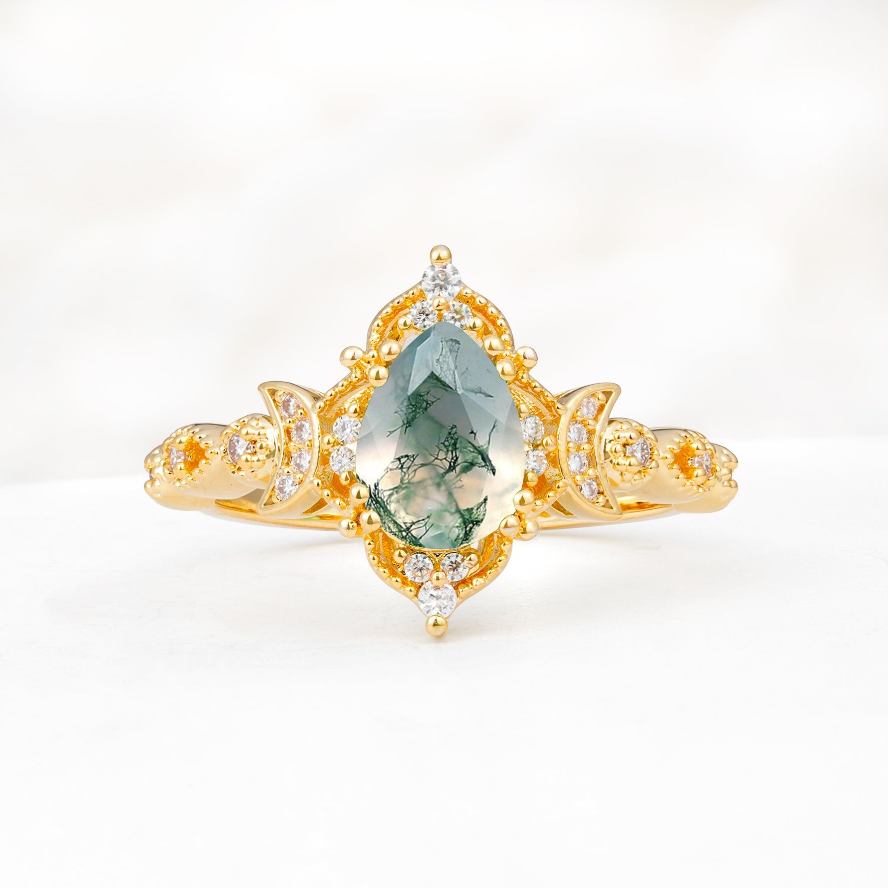 Vintage Pear Cut Milgrain Ornate Halo Moss Agate Engagement Ring - Additional view