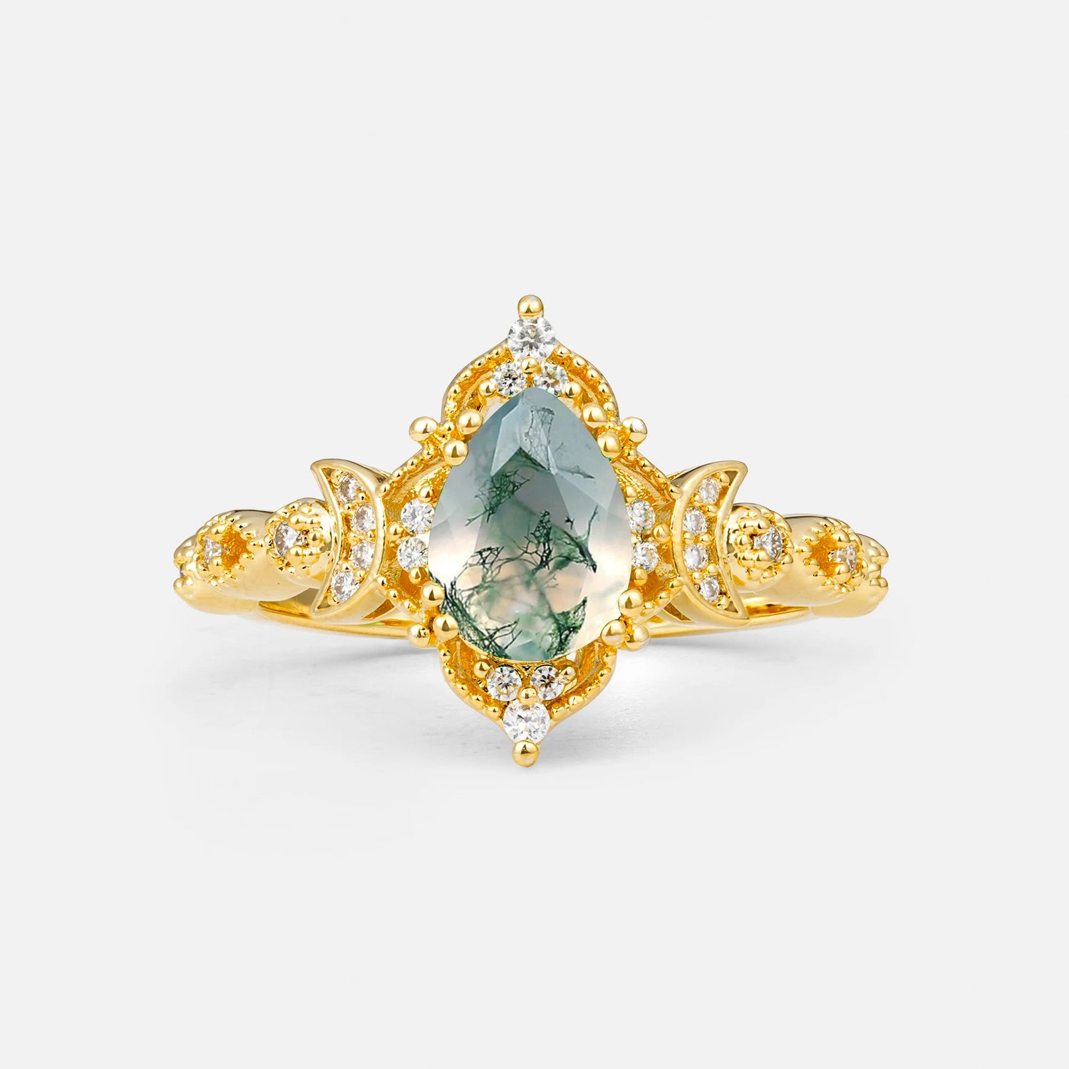 Vintage Pear Cut Milgrain Ornate Halo Moss Agate Engagement Ring