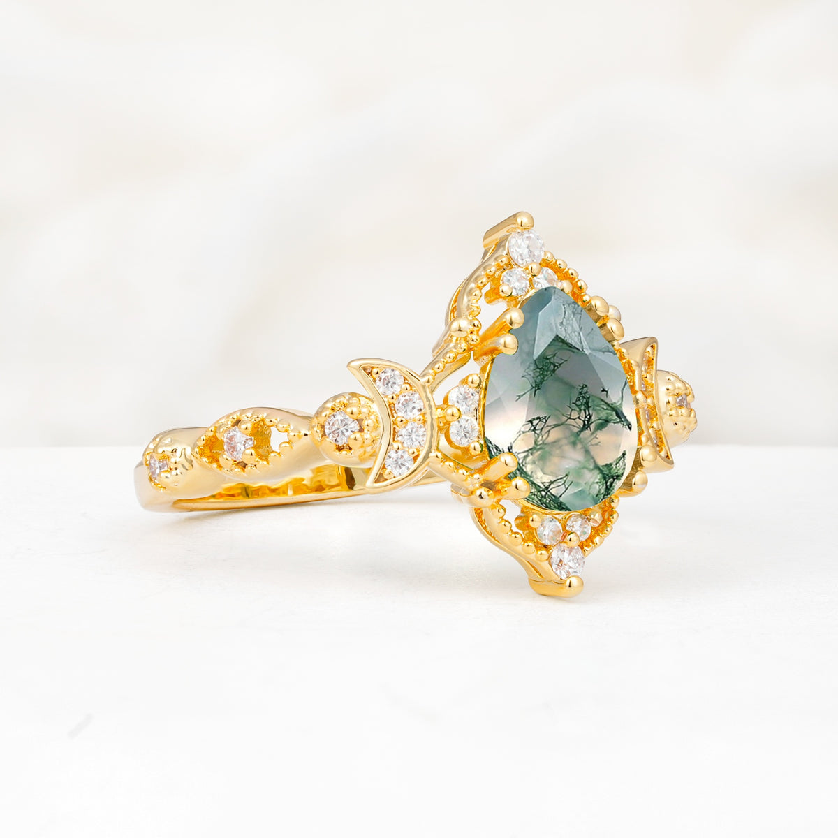 Vintage Pear Cut Milgrain Ornate Halo Moss Agate Engagement Ring - Additional view