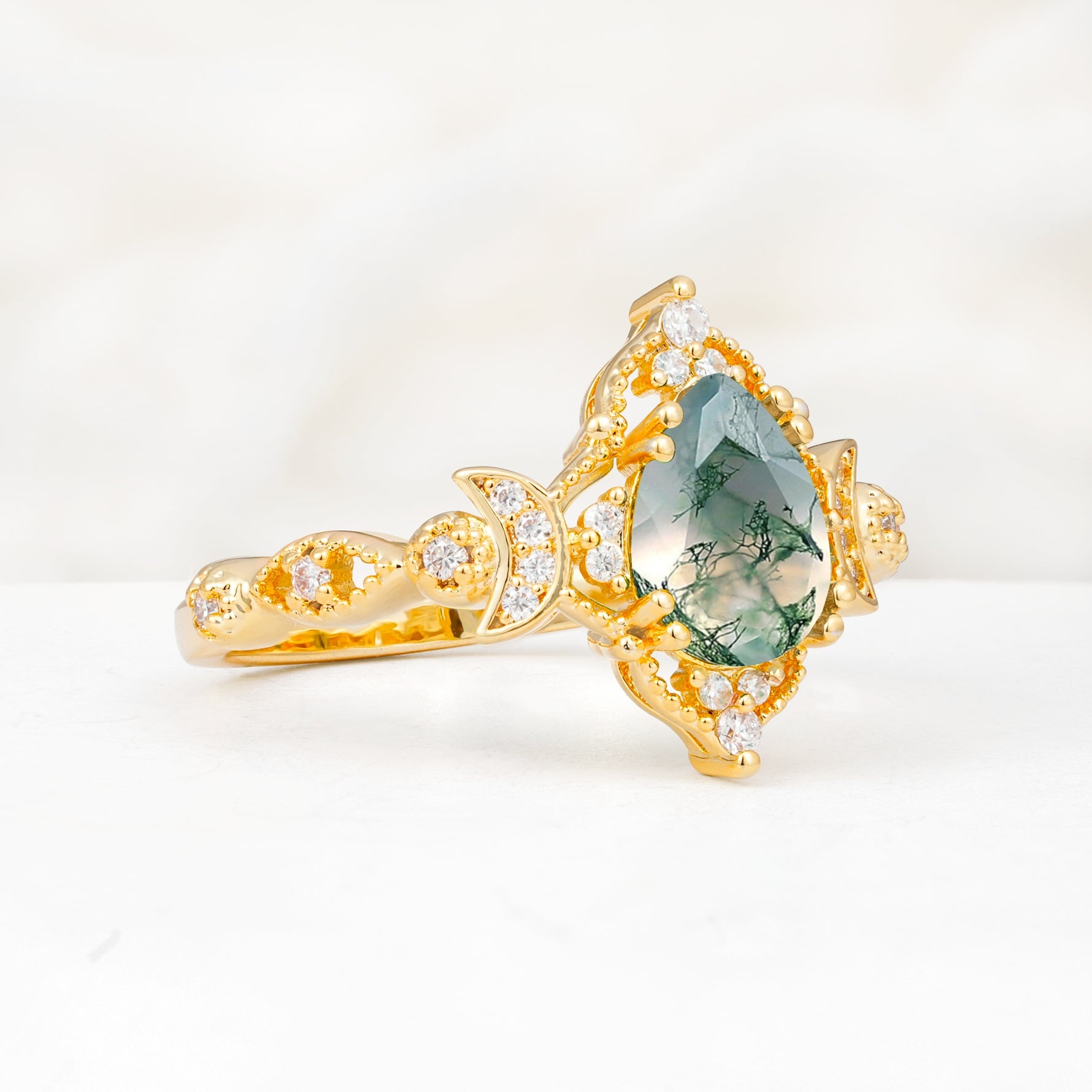 Vintage Pear Cut Milgrain Ornate Halo Moss Agate Engagement Ring - Additional view