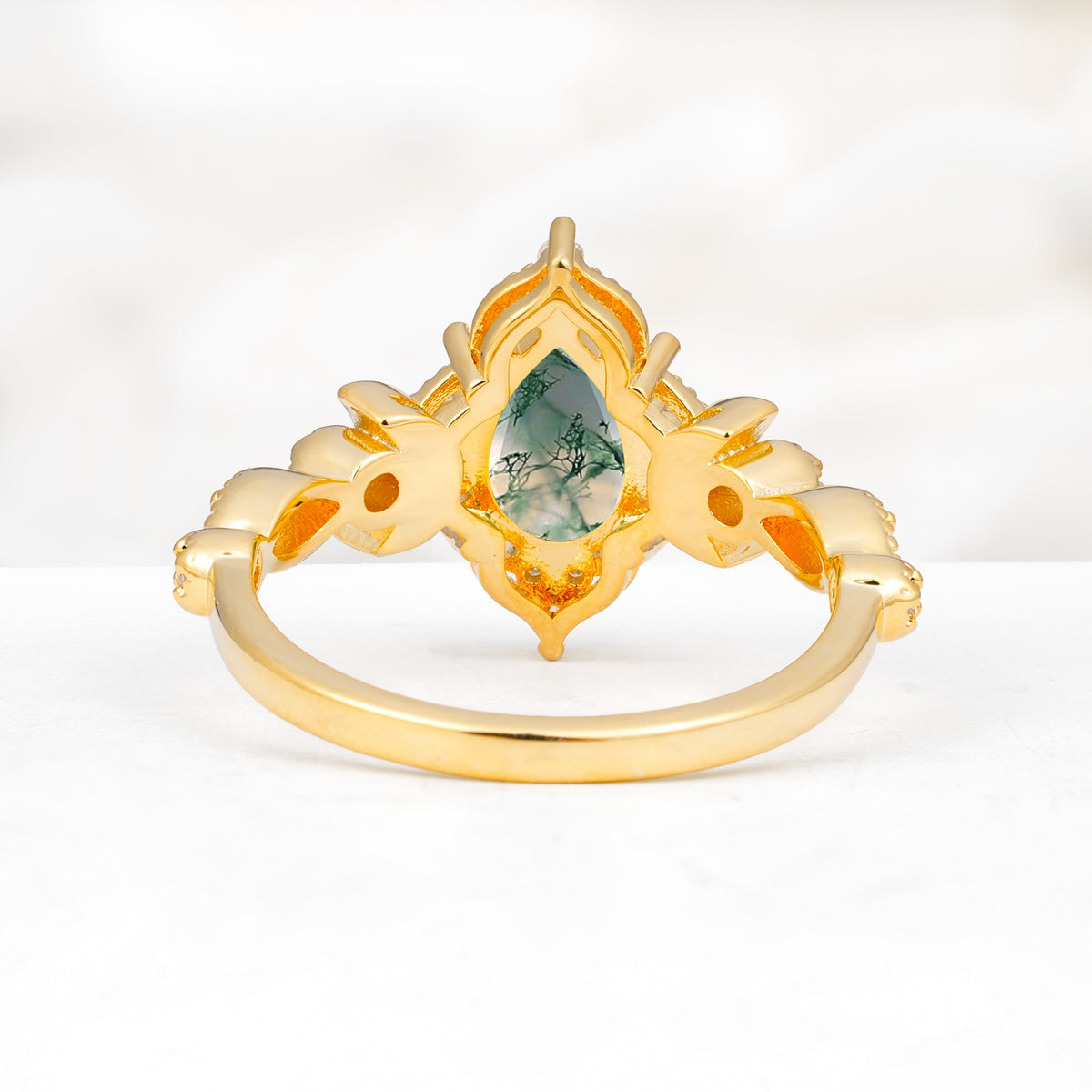 Vintage Pear Cut Milgrain Ornate Halo Moss Agate Engagement Ring - Additional view