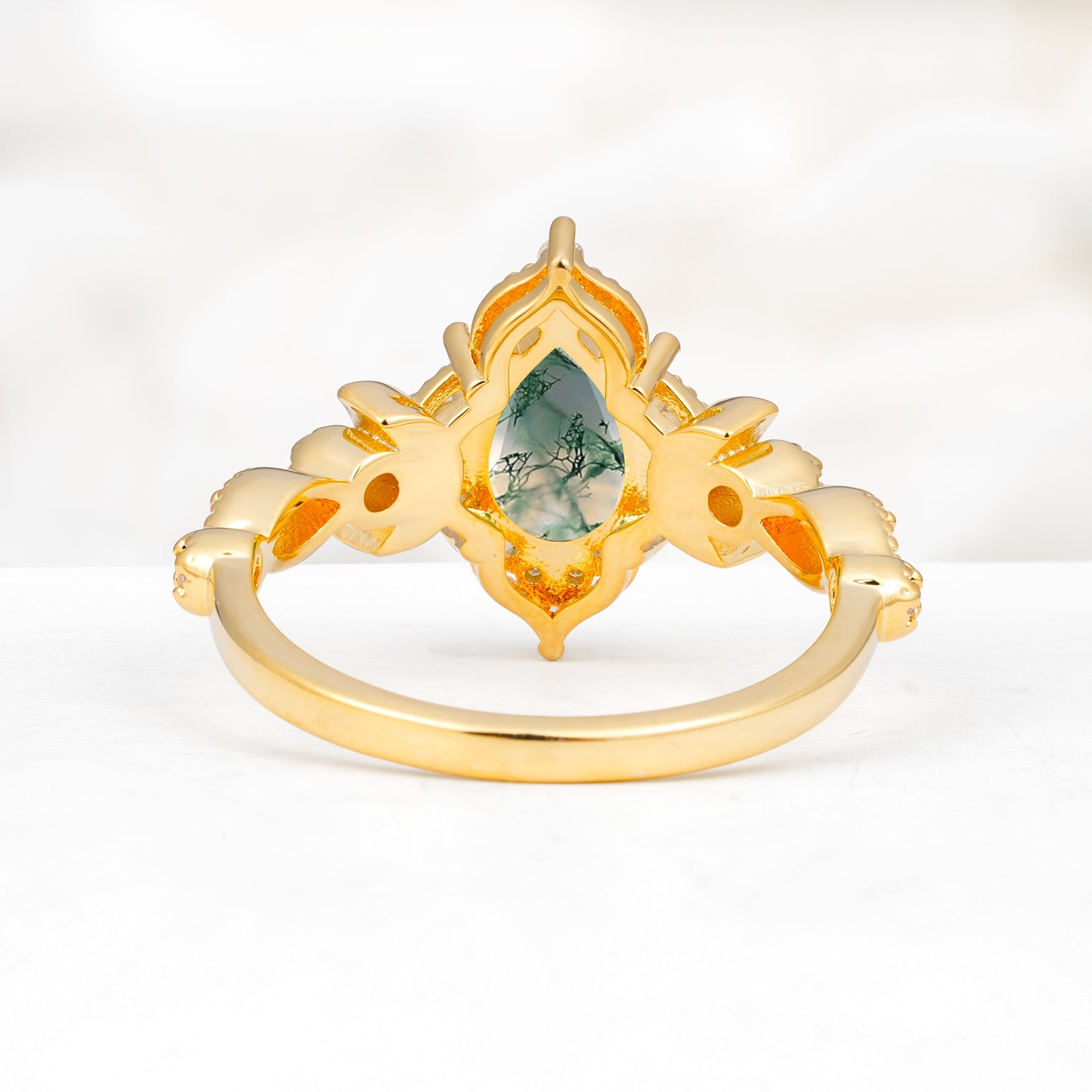 Vintage Pear Cut Milgrain Ornate Halo Moss Agate Engagement Ring - Additional view