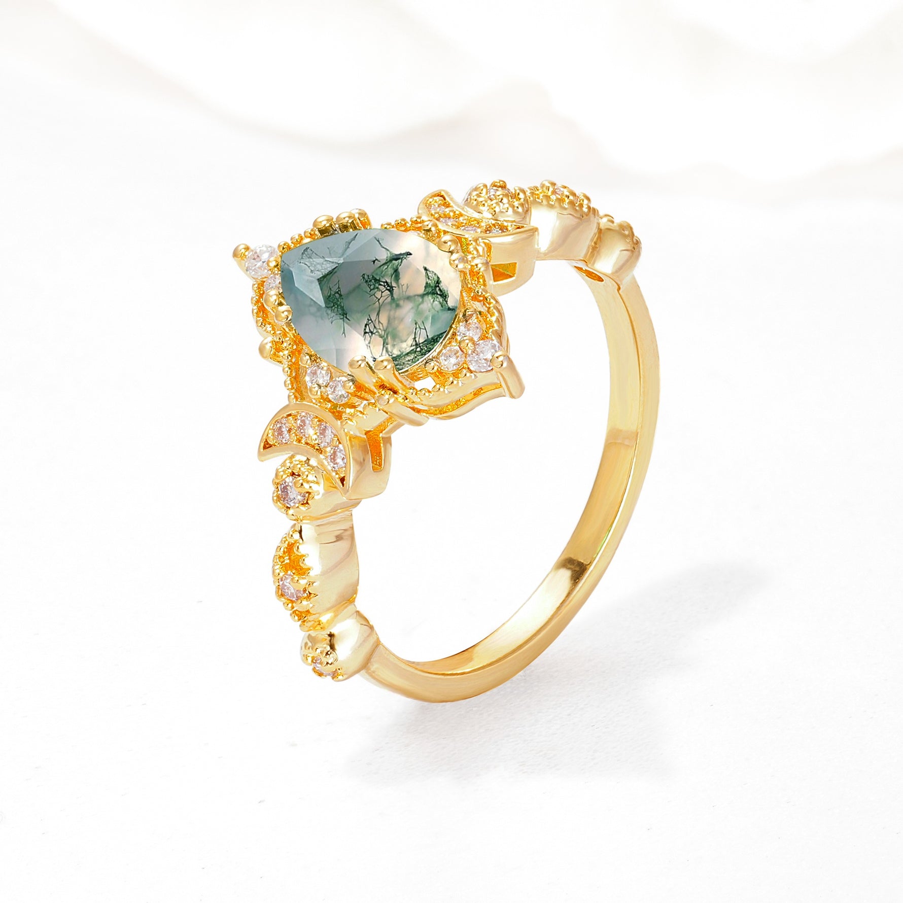 Vintage Pear Cut Milgrain Ornate Halo Moss Agate Engagement Ring - Additional view