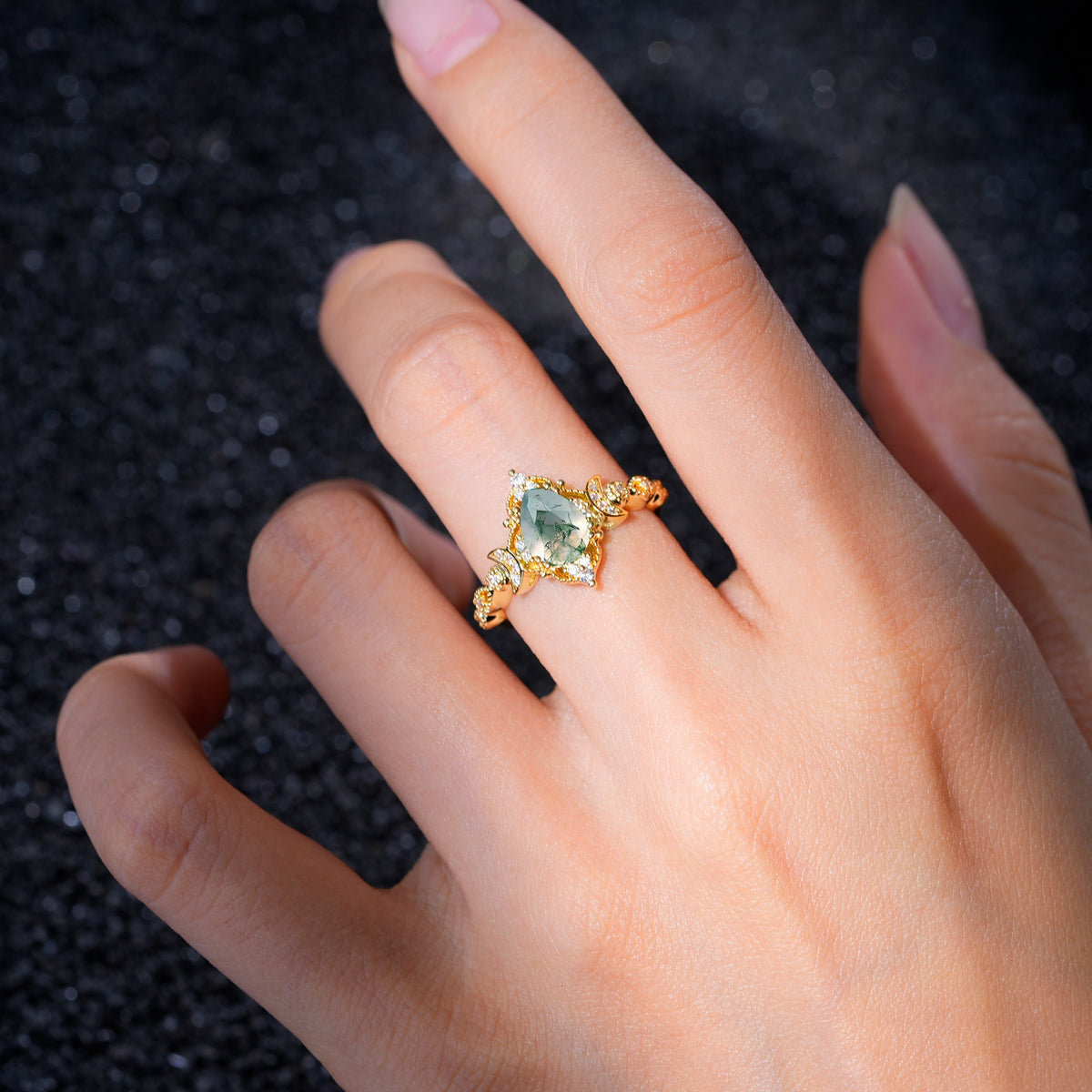 Vintage Pear Cut Milgrain Ornate Halo Moss Agate Engagement Ring - Additional view