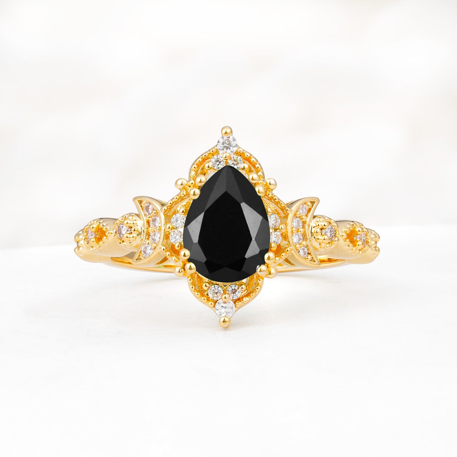 Vintage Pear Cut Milgrain Ornate Halo Black Onyx Engagement Ring - Additional view